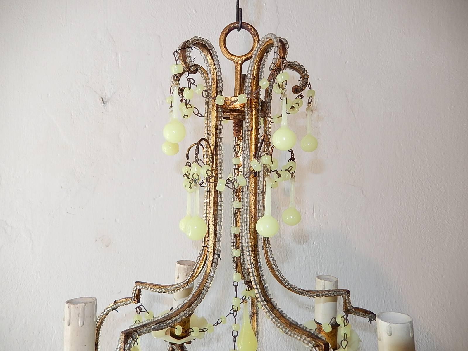 Early 20th Century 1920 French Beaded Yellow Opaline Bobeches, Beads and Drops Chandelier