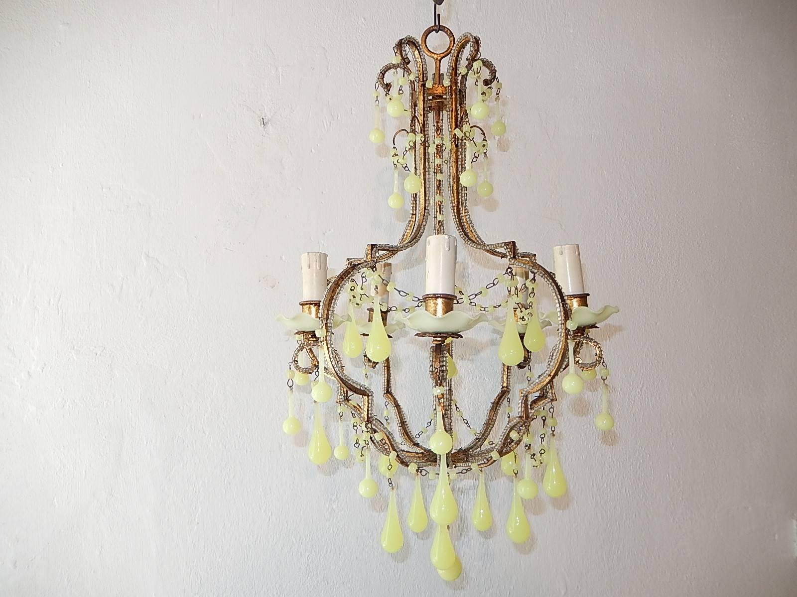 Murano Glass 1920 French Beaded Yellow Opaline Bobeches, Beads and Drops Chandelier