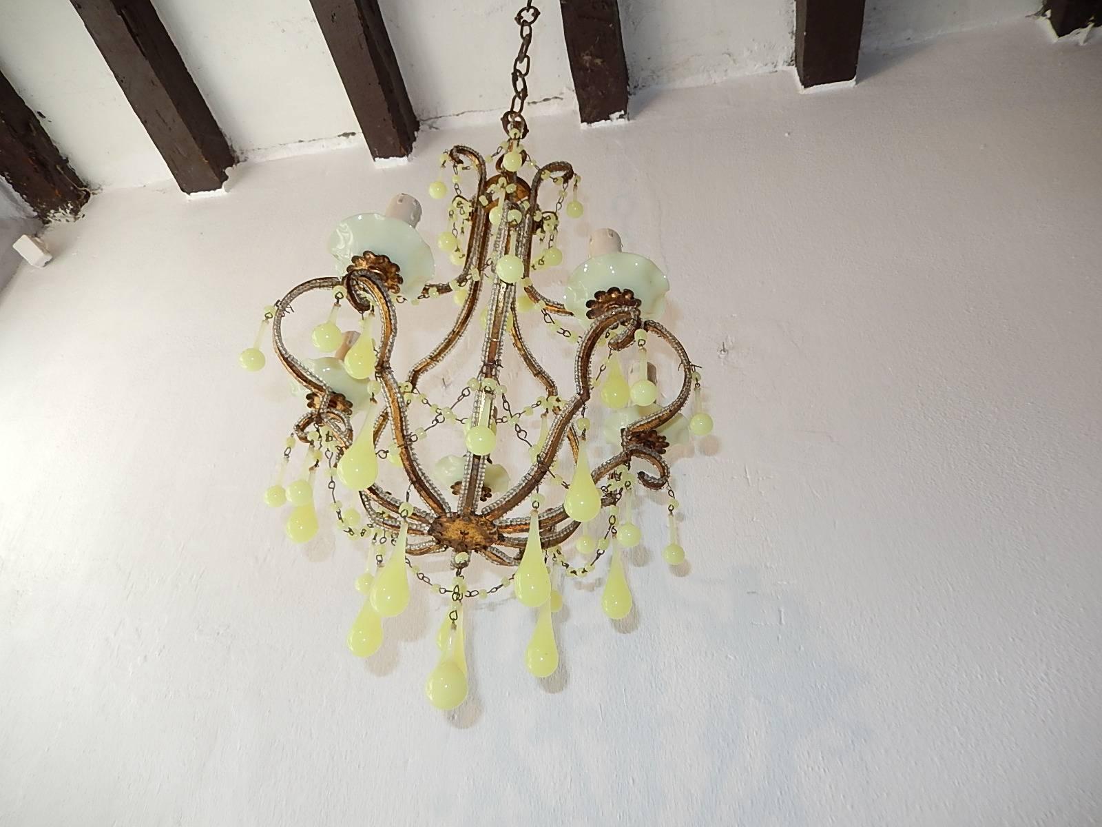 1920 French Beaded Yellow Opaline Bobeches, Beads and Drops Chandelier 1