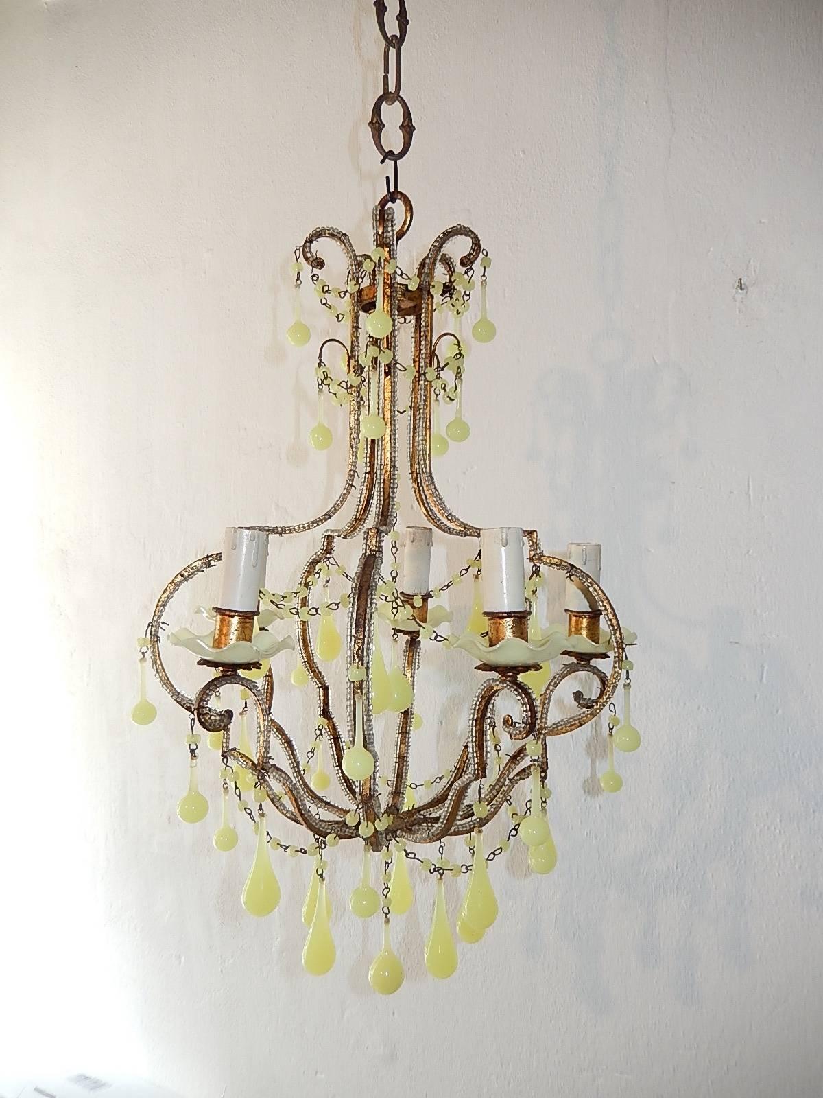 1920 French Beaded Yellow Opaline Bobeches, Beads and Drops Chandelier 2