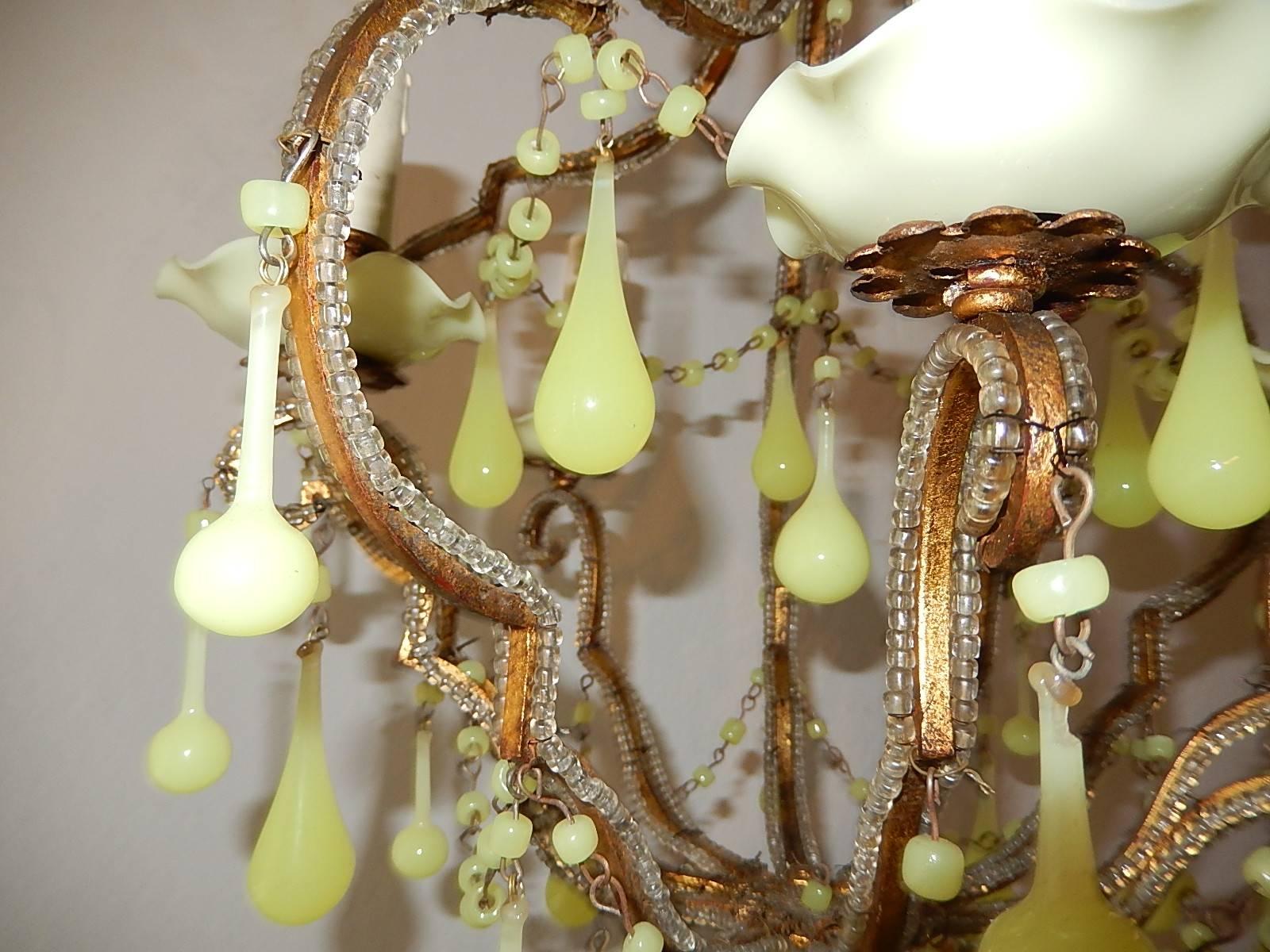1920 French Beaded Yellow Opaline Bobeches, Beads and Drops Chandelier 3