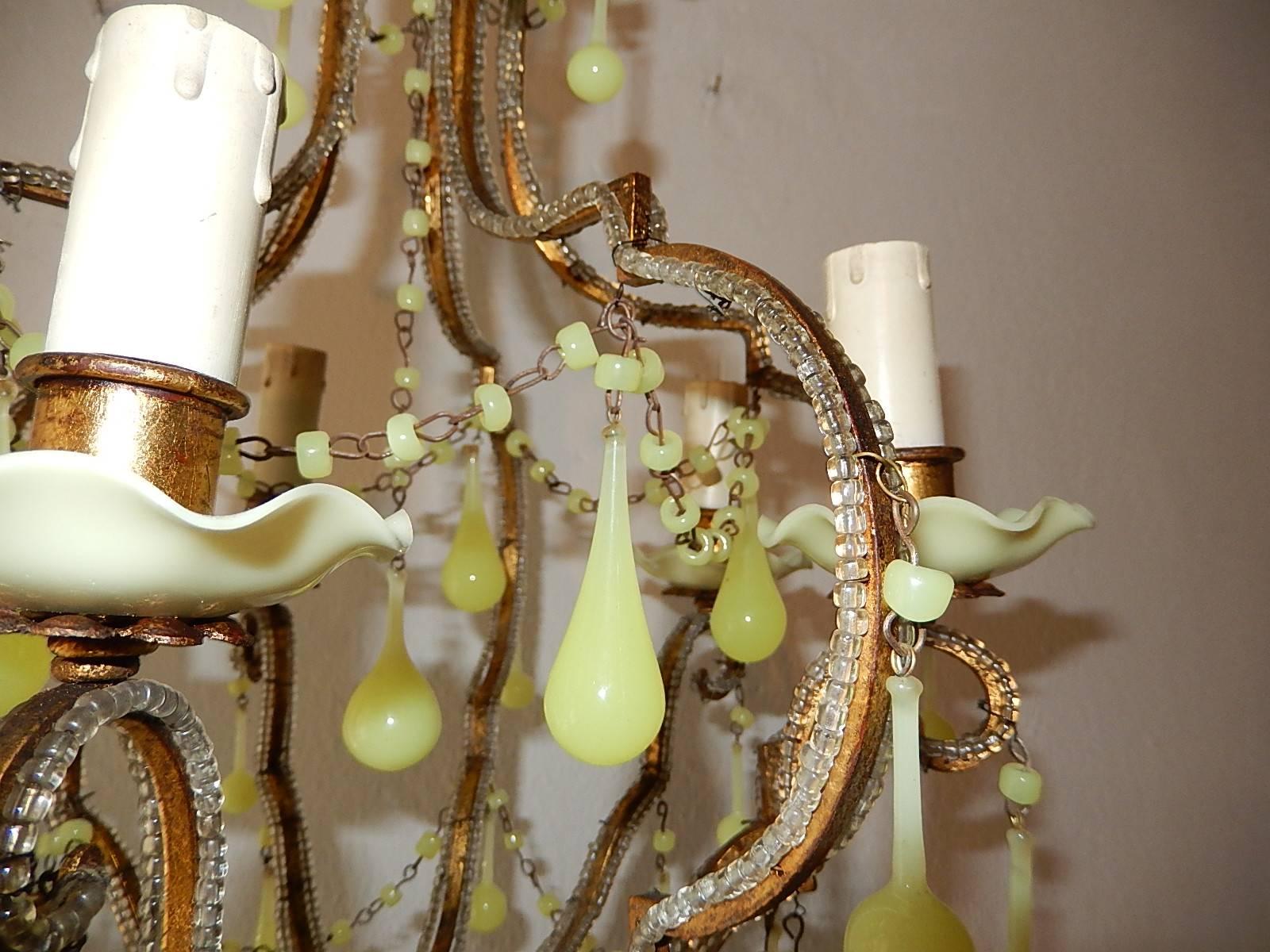 1920 French Beaded Yellow Opaline Bobeches, Beads and Drops Chandelier 4