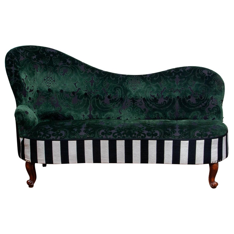 1920 French Bottle Green Jacquard Velvet and Velour’s Piano Stripe Chaise Lounge at 1stDibs