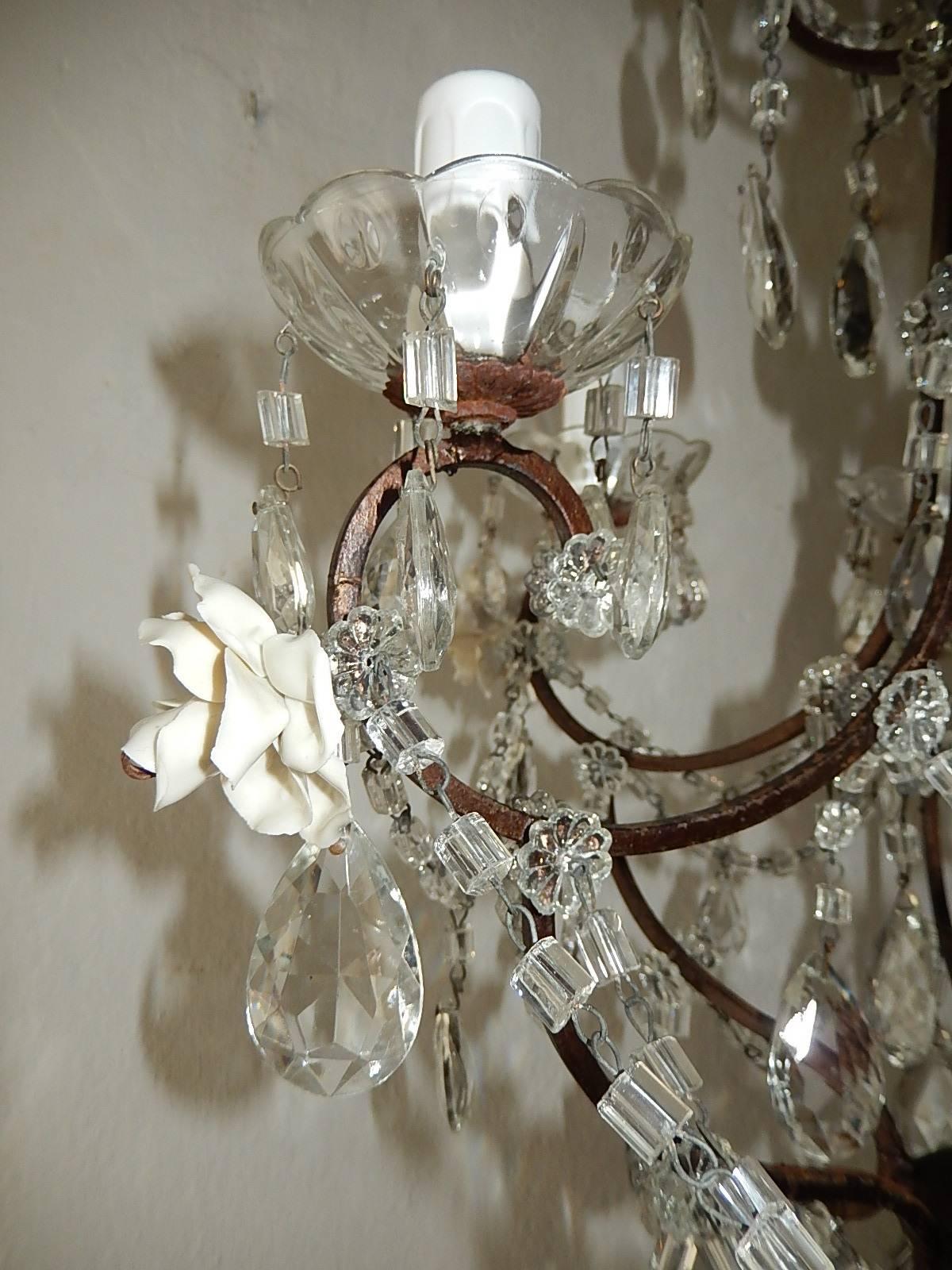 1920 French Elegant Crystal Prisms and Swags with White Roses Chandelier 6