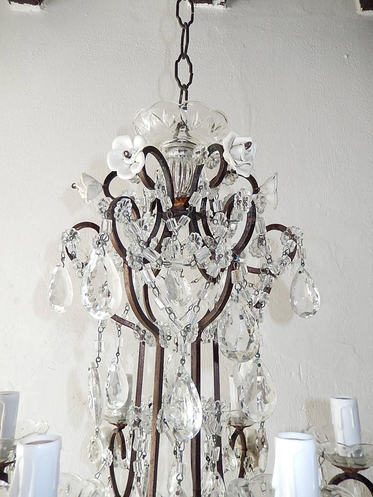 1920 French Elegant Crystal Prisms and Swags with White Roses Chandelier 7