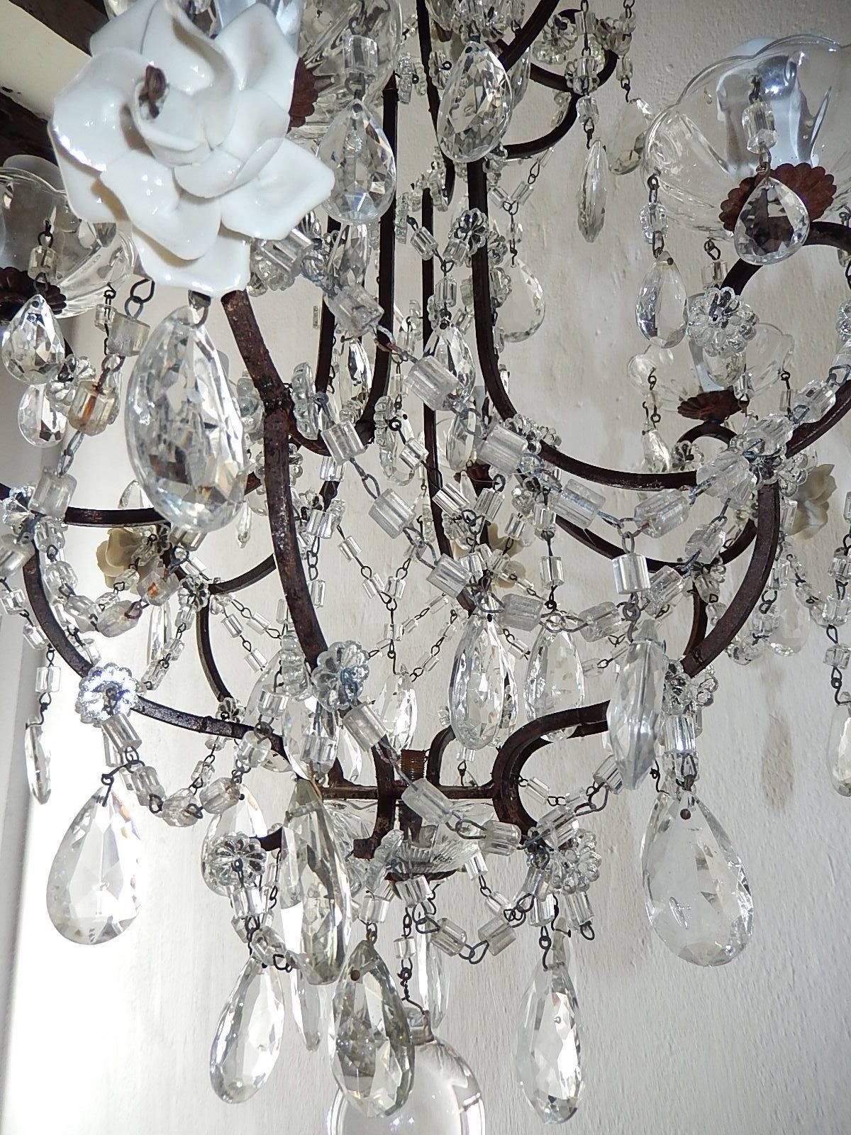 1920 French Elegant Crystal Prisms and Swags with White Roses Chandelier 9