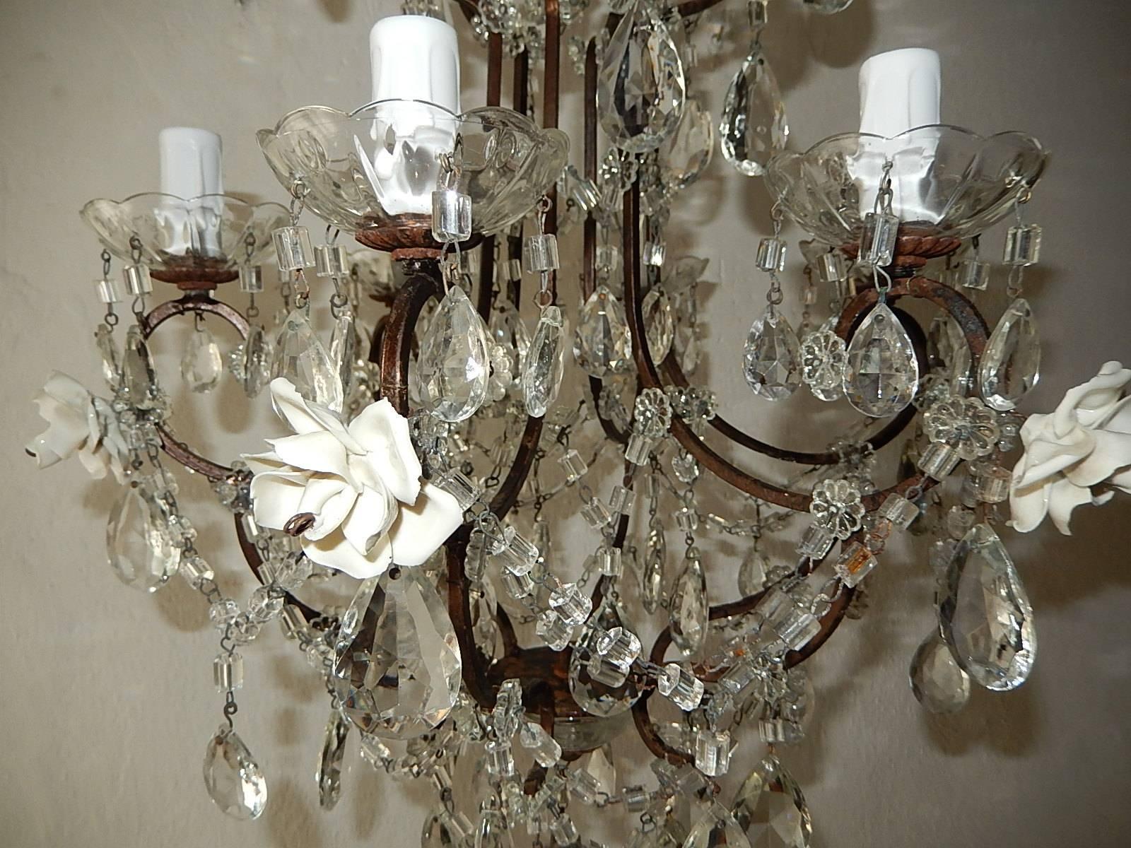 1920 French Elegant Crystal Prisms and Swags with White Roses Chandelier 10