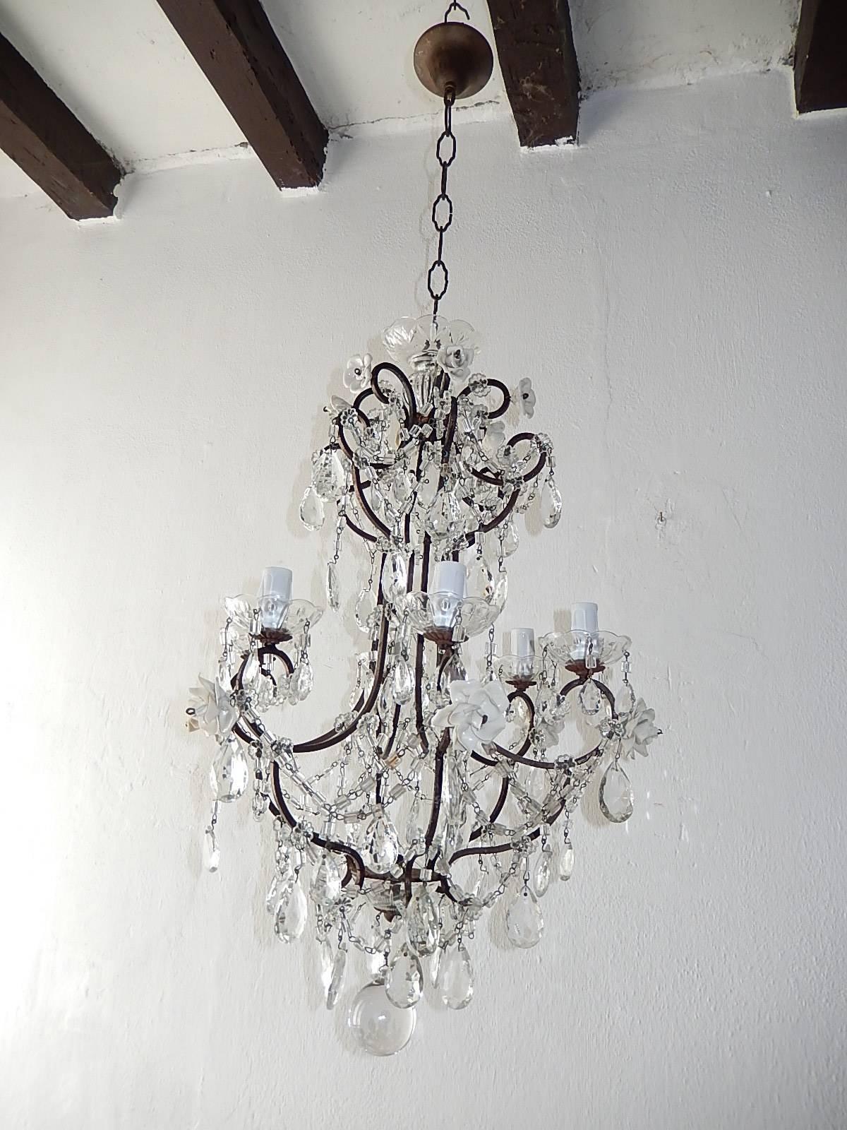 Baroque 1920 French Elegant Crystal Prisms and Swags with White Roses Chandelier