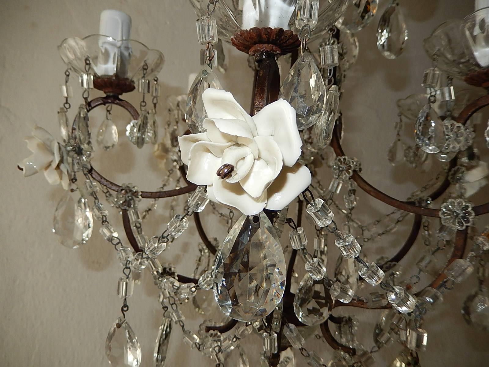 1920 French Elegant Crystal Prisms and Swags with White Roses Chandelier 1