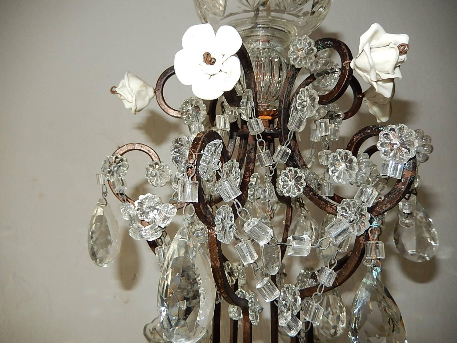 1920 French Elegant Crystal Prisms and Swags with White Roses Chandelier 2