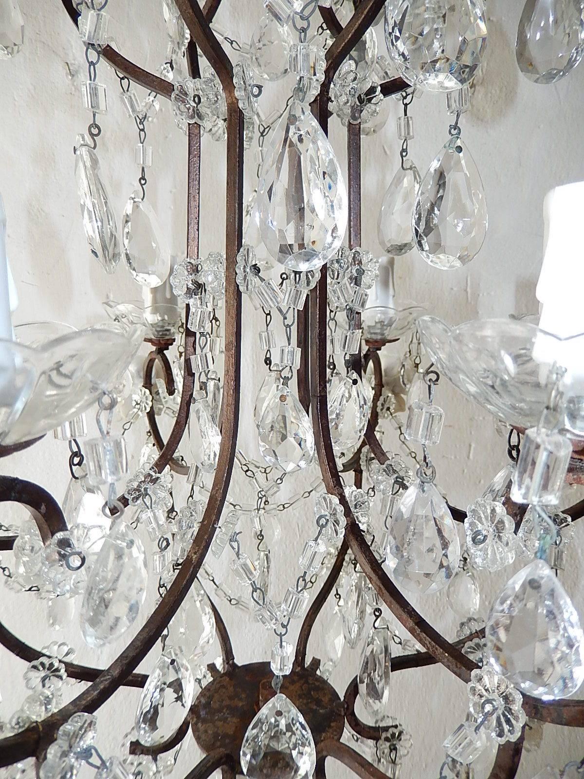 1920 French Elegant Crystal Prisms and Swags with White Roses Chandelier 3