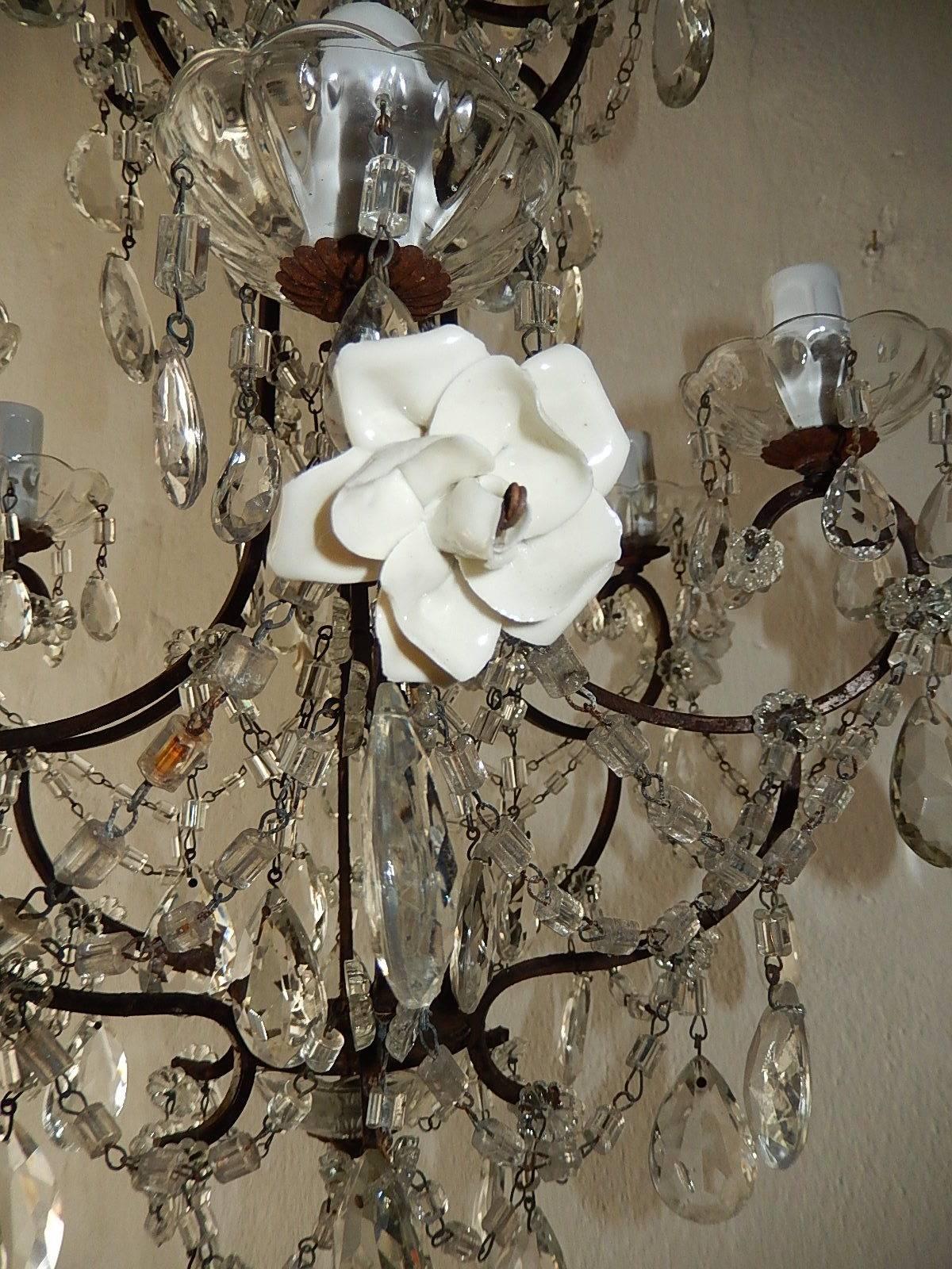 1920 French Elegant Crystal Prisms and Swags with White Roses Chandelier 4