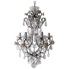 1920 French Elegant Crystal Prisms and Swags with White Roses Chandelier