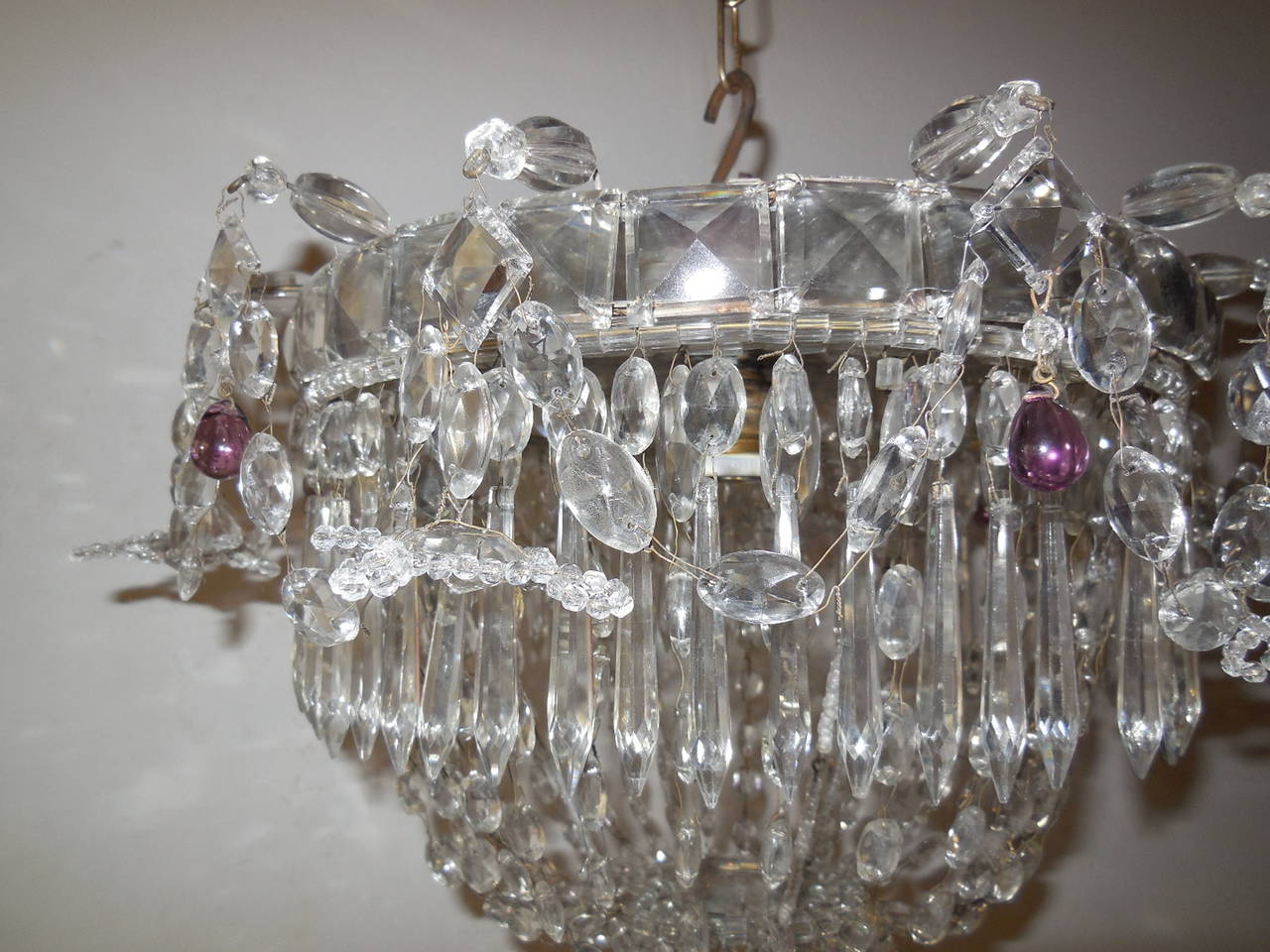 Early 20th Century 1920 French Flush Mount Beaded Maison Baguès Style Amethyst Drops Chandelier