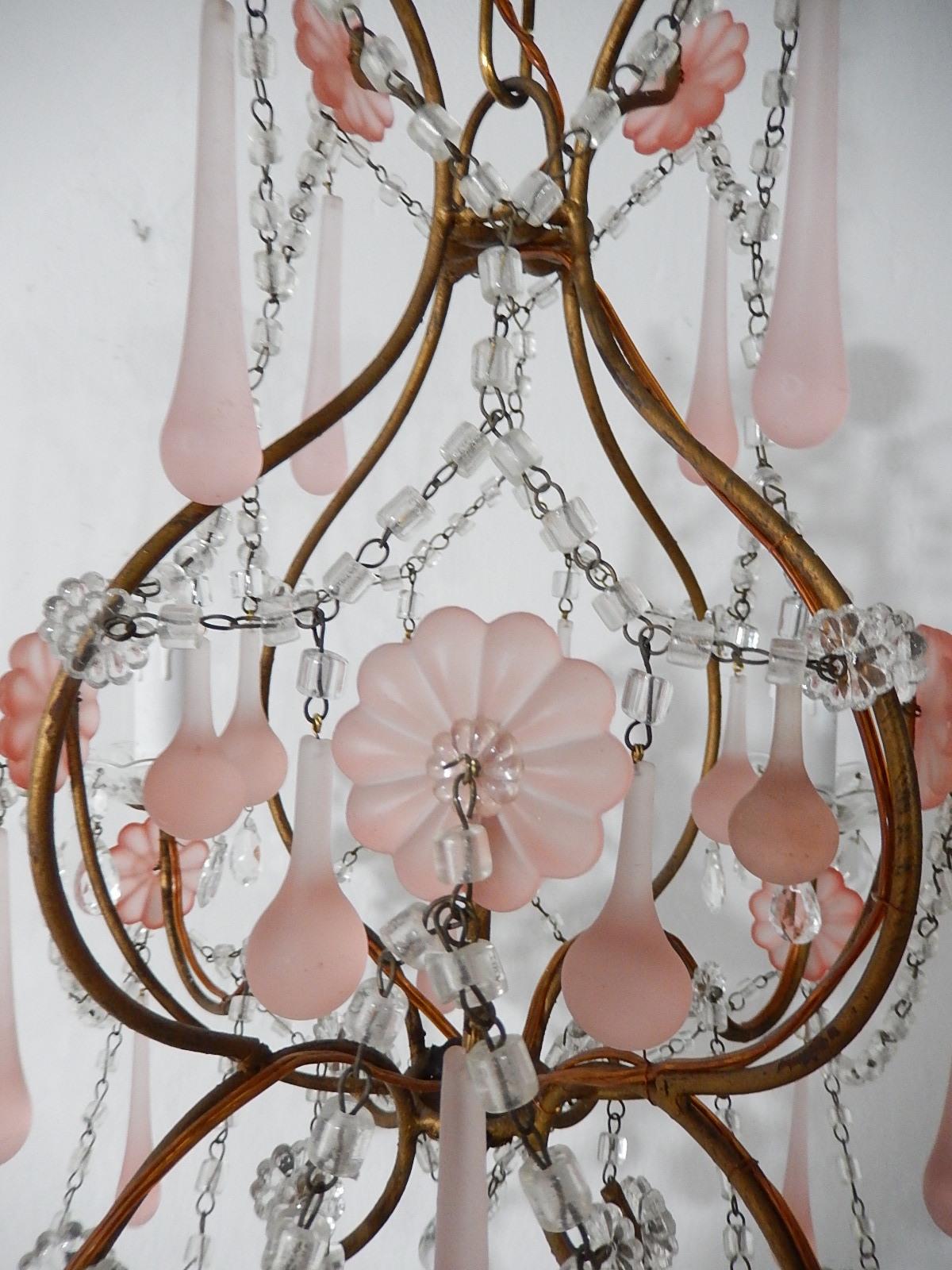 1920 French Fogged Pink Murano Drops Flowers Crystal Chandelier 4