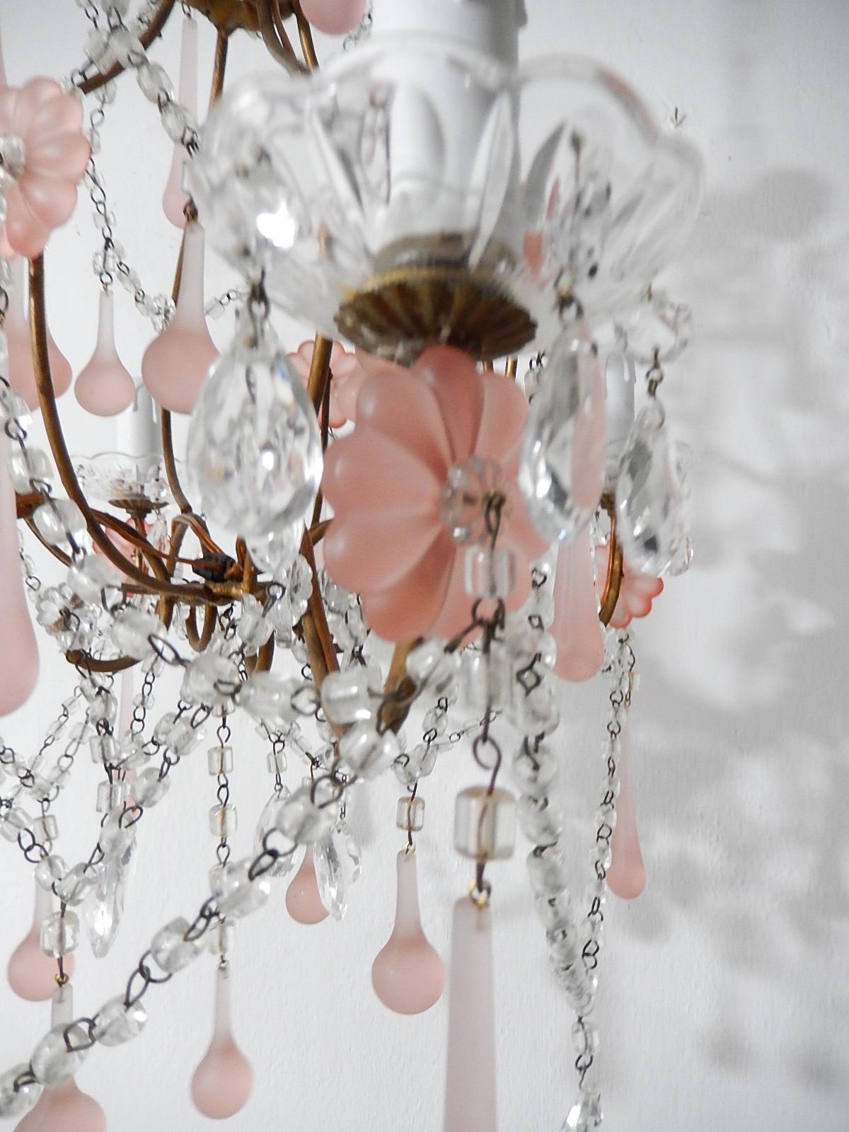 1920 French Fogged Pink Murano Drops Flowers Crystal Chandelier 5