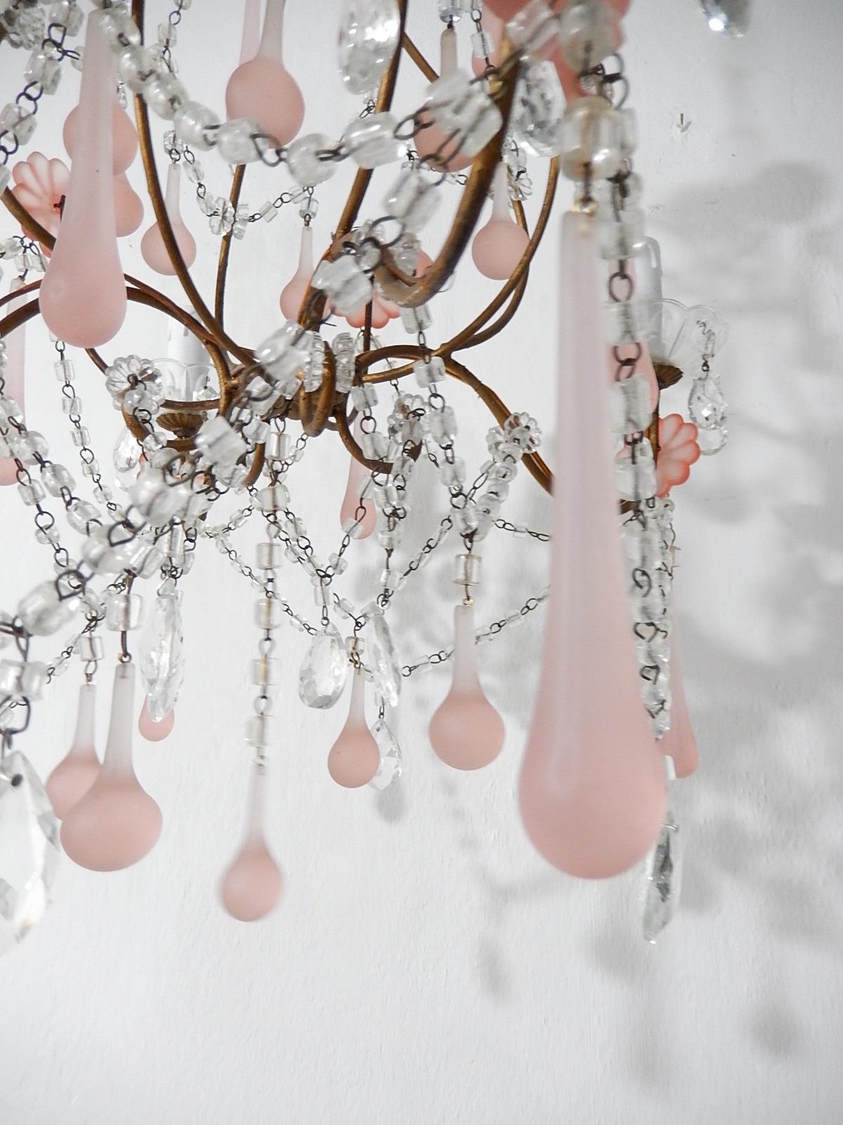 1920 French Fogged Pink Murano Drops Flowers Crystal Chandelier 6