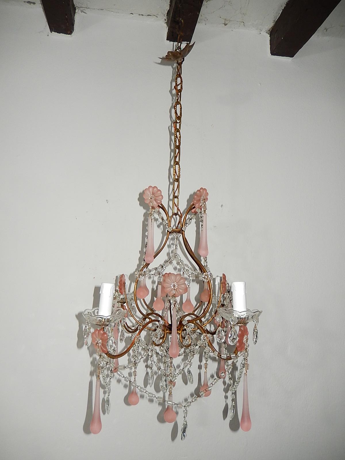 1920 French Fogged Pink Murano Drops Flowers Crystal Chandelier 7