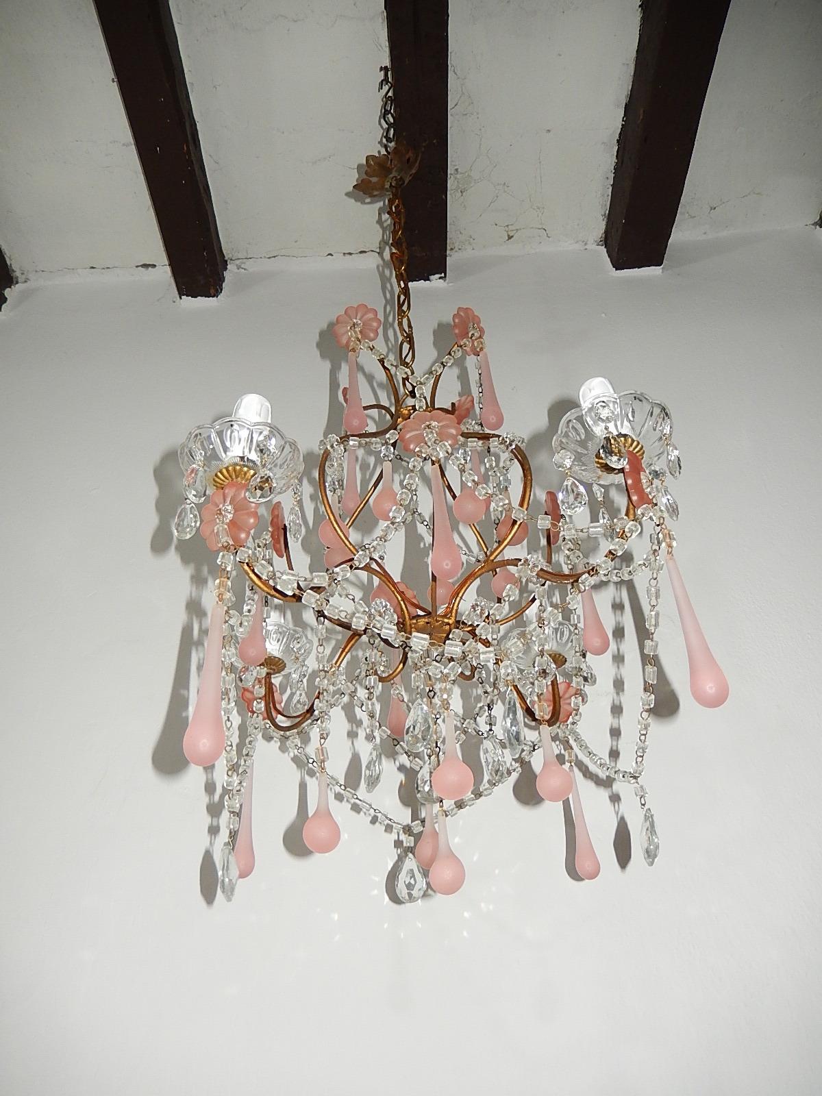 Baroque 1920 French Fogged Pink Murano Drops Flowers Crystal Chandelier