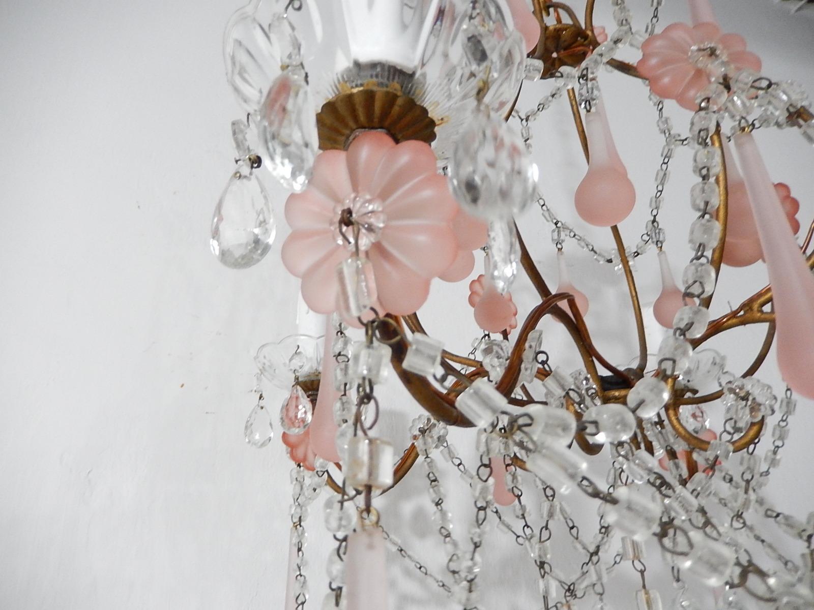 1920 French Fogged Pink Murano Drops Flowers Crystal Chandelier In Good Condition In Modena (MO), Modena (Mo)