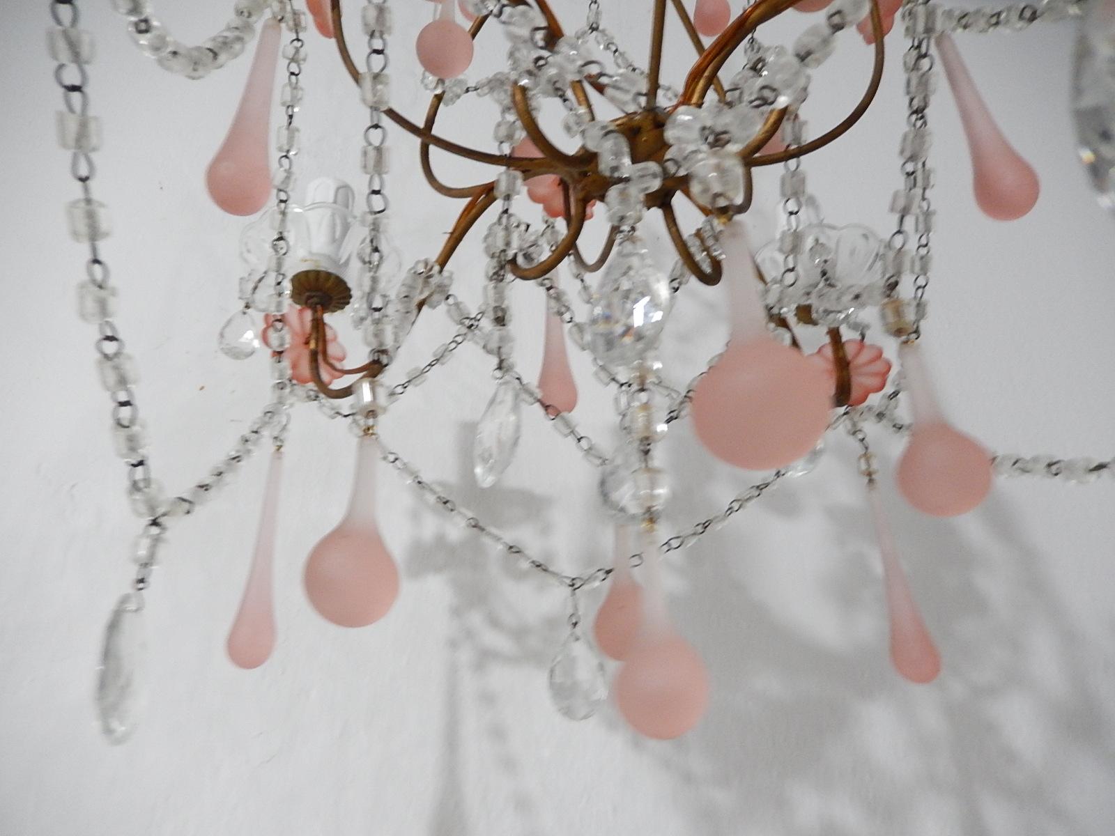 Early 20th Century 1920 French Fogged Pink Murano Drops Flowers Crystal Chandelier