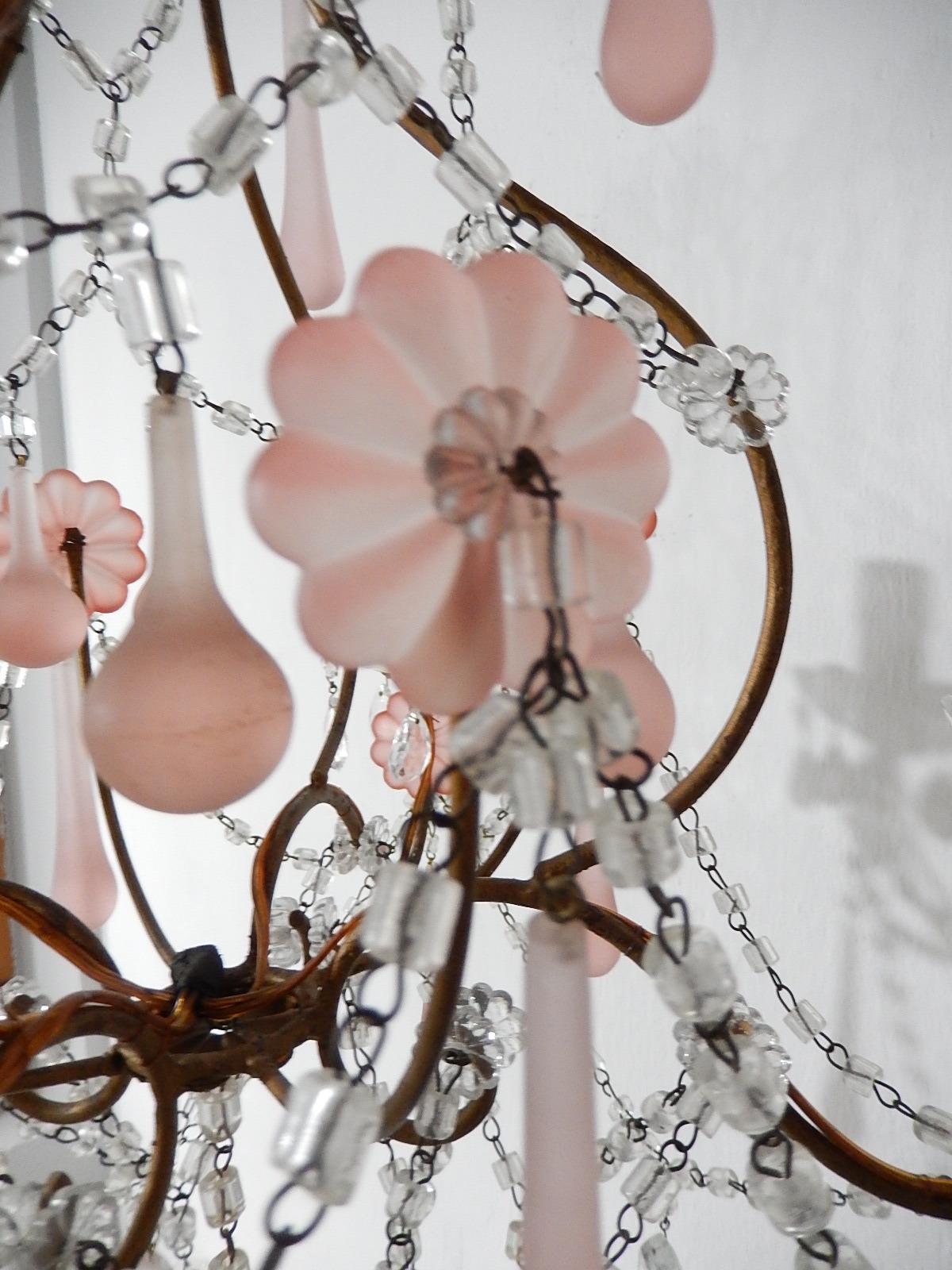 Murano Glass 1920 French Fogged Pink Murano Drops Flowers Crystal Chandelier