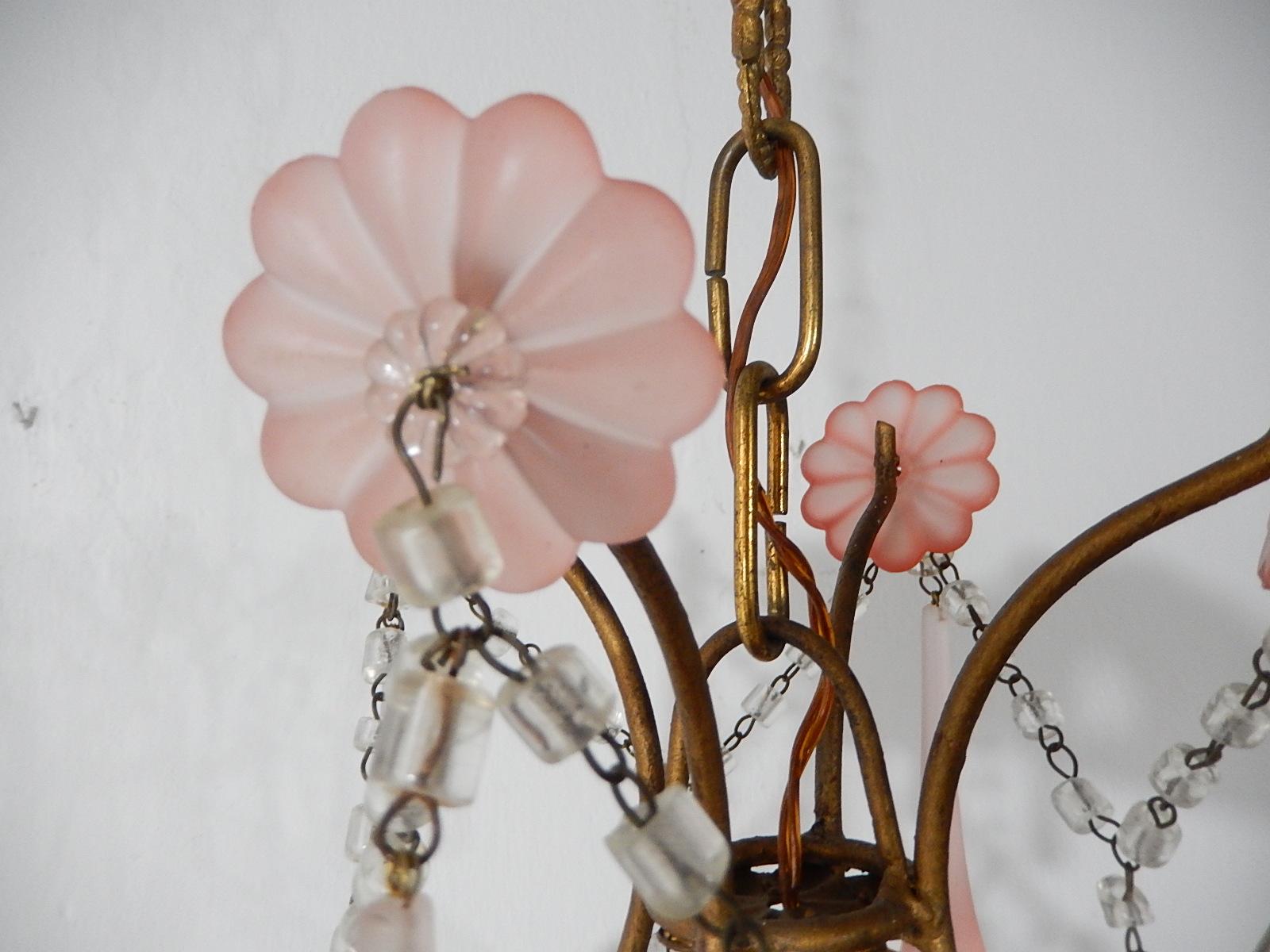 1920 French Fogged Pink Murano Drops Flowers Crystal Chandelier 1