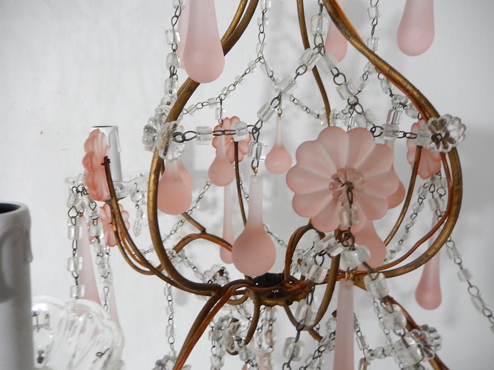 1920 French Fogged Pink Murano Drops Flowers Crystal Chandelier 2