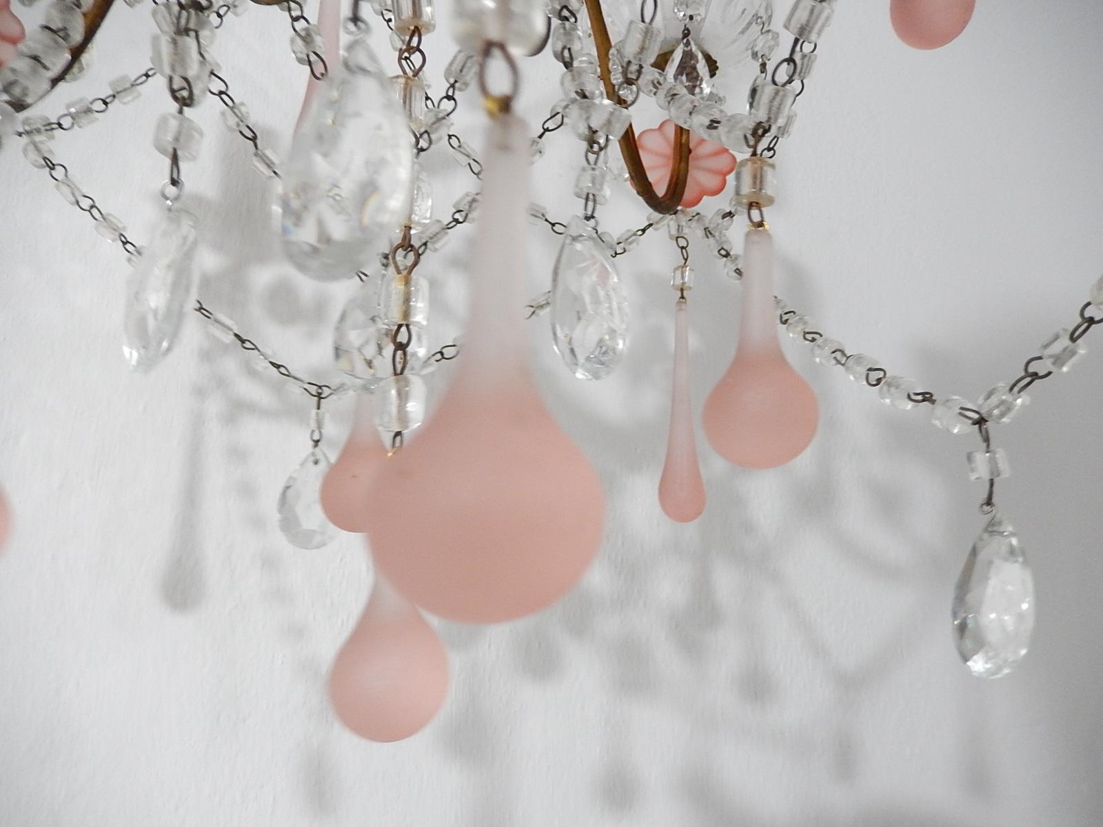 1920 French Fogged Pink Murano Drops Flowers Crystal Chandelier 3