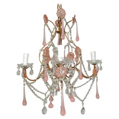 1920 French Fogged Pink Murano Drops Flowers Crystal Chandelier