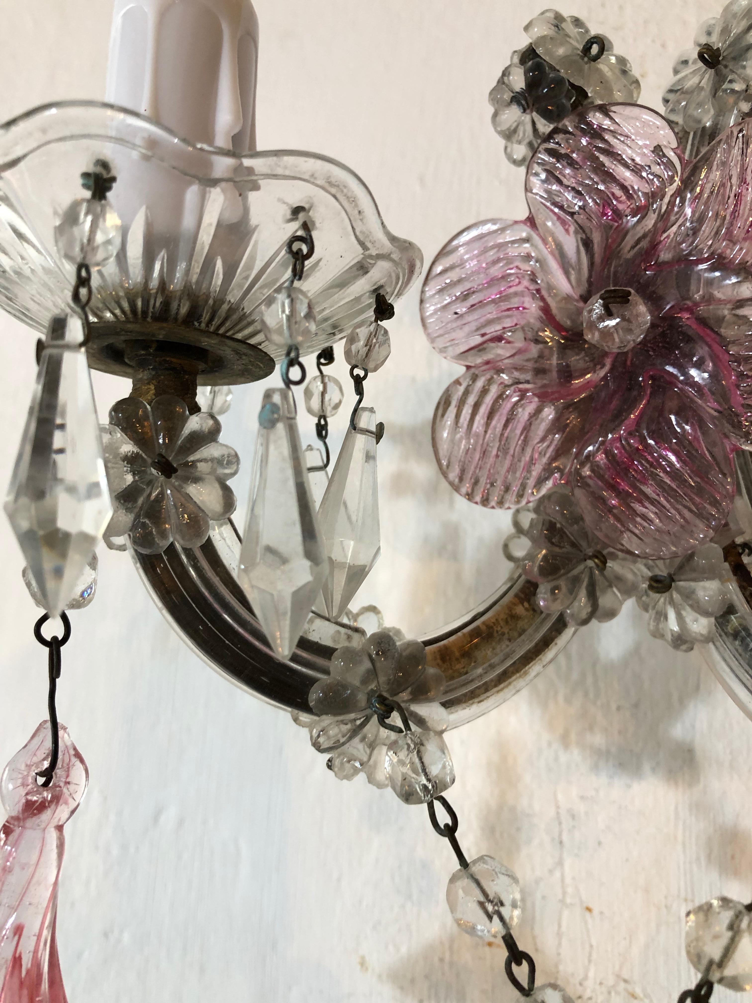 1920 French Fuchsia Murano Flowers and Crystal Prisms Sconces 7