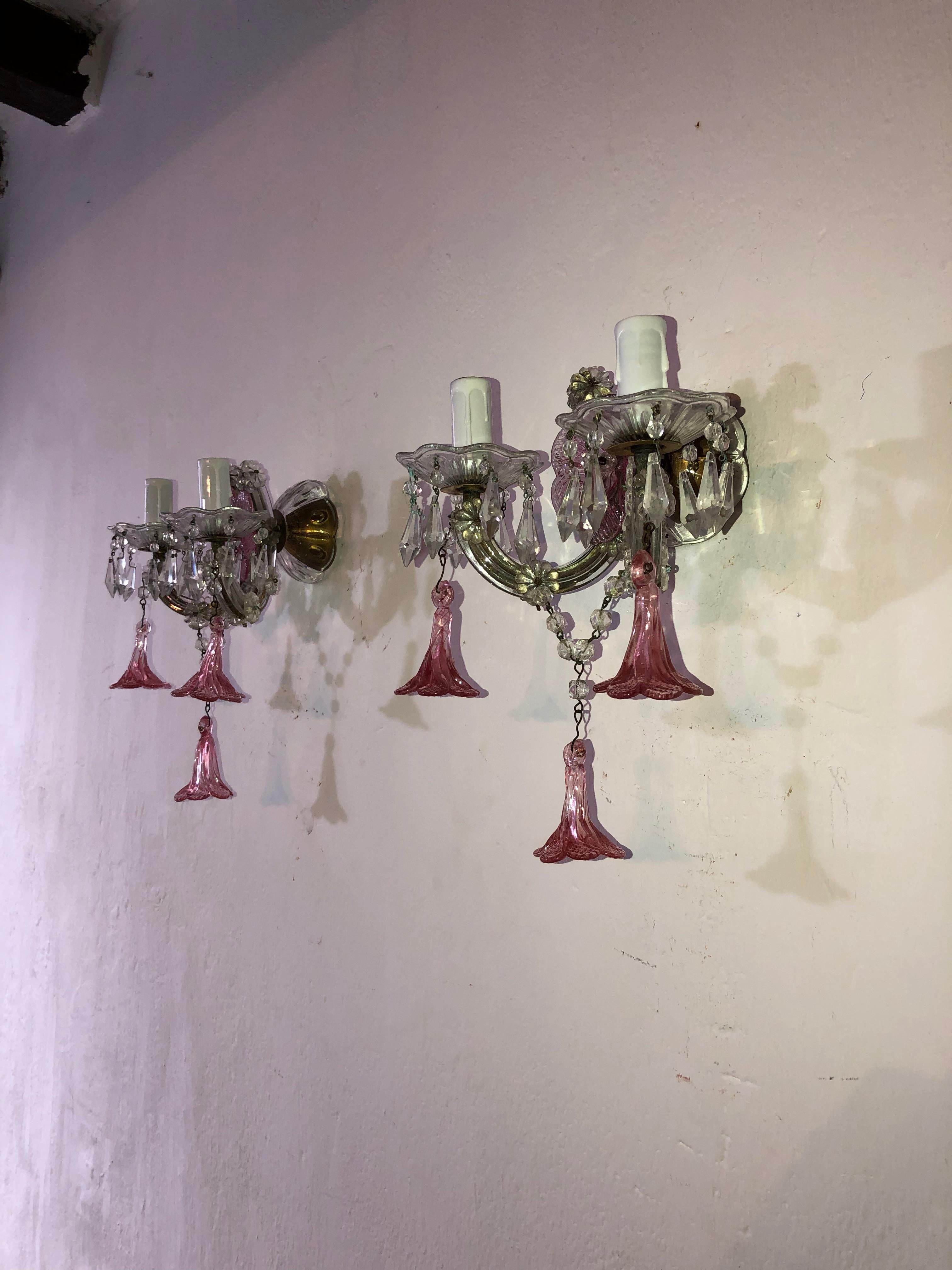 20th Century 1920 French Fuchsia Murano Flowers and Crystal Prisms Sconces