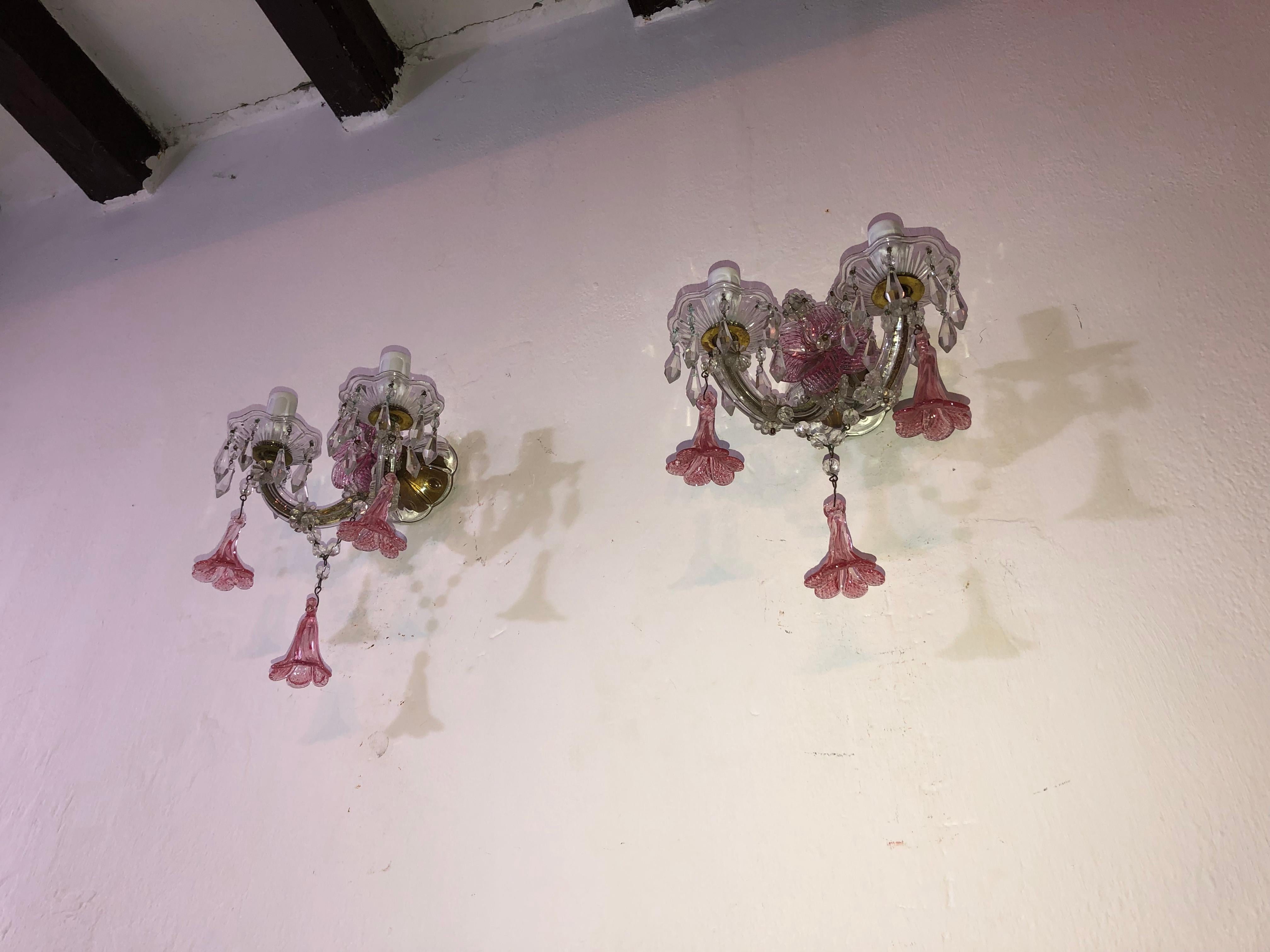 Metal 1920 French Fuchsia Murano Flowers and Crystal Prisms Sconces