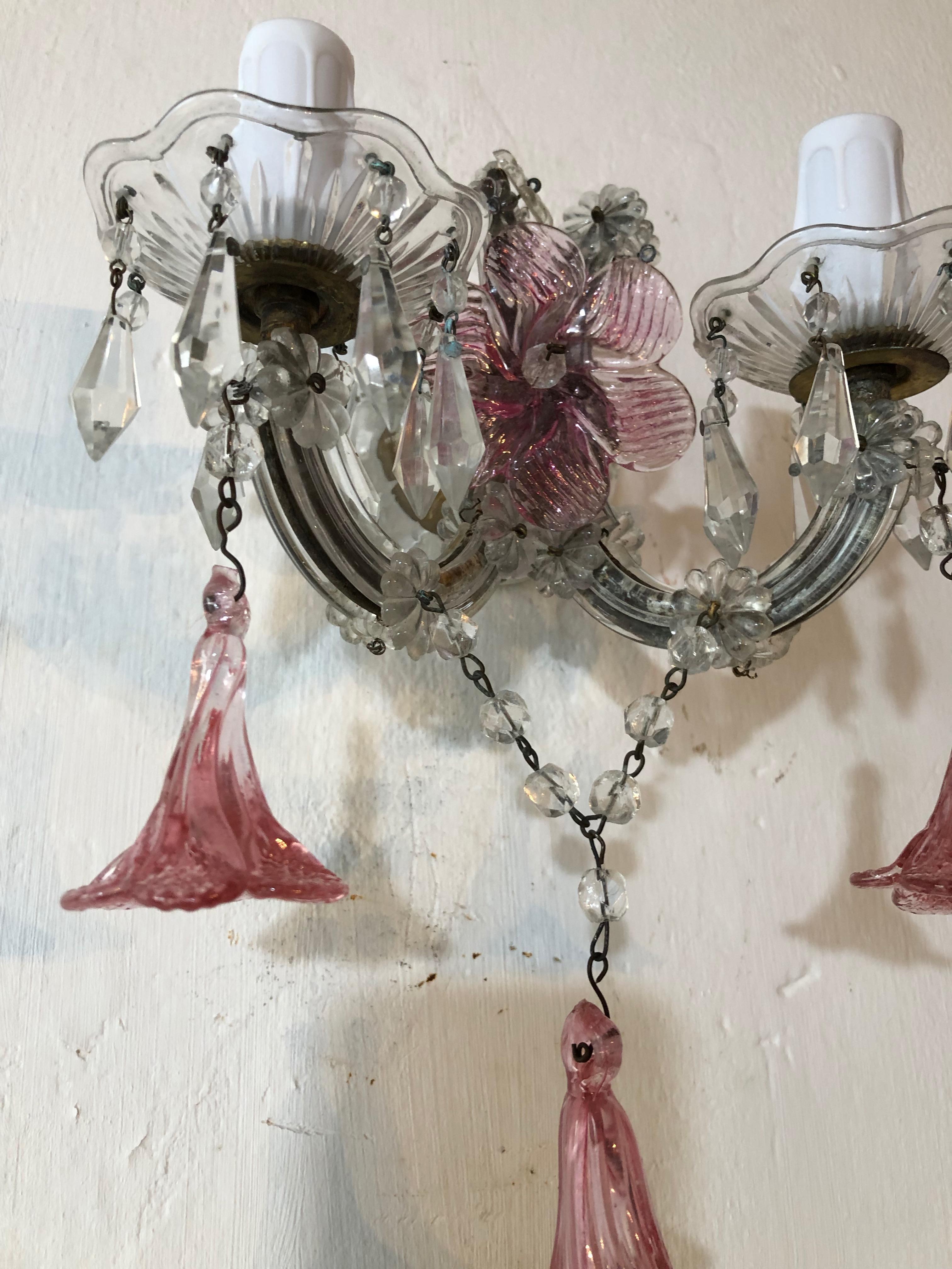 1920 French Fuchsia Murano Flowers and Crystal Prisms Sconces 1