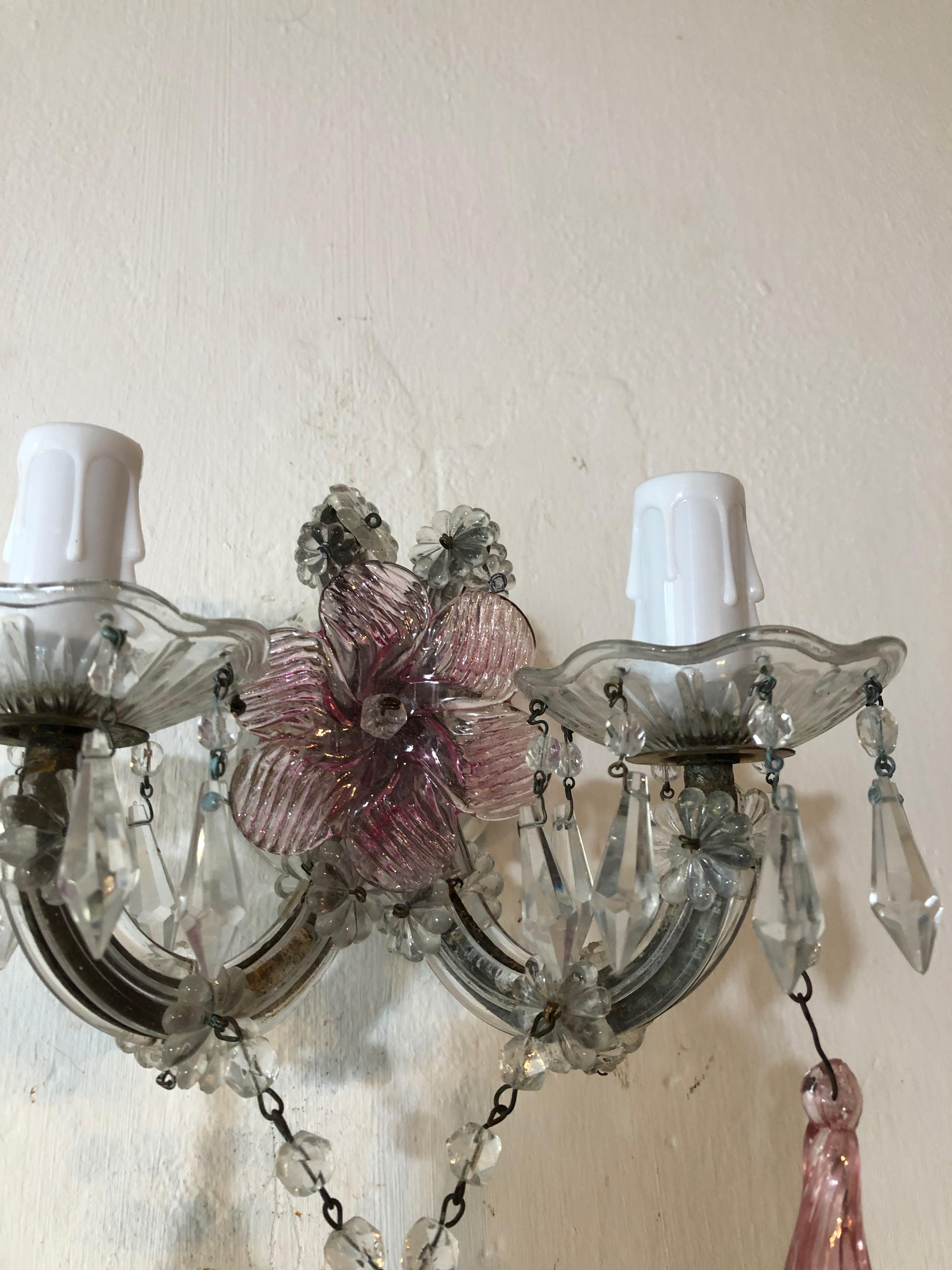 1920 French Fuchsia Murano Flowers and Crystal Prisms Sconces 2