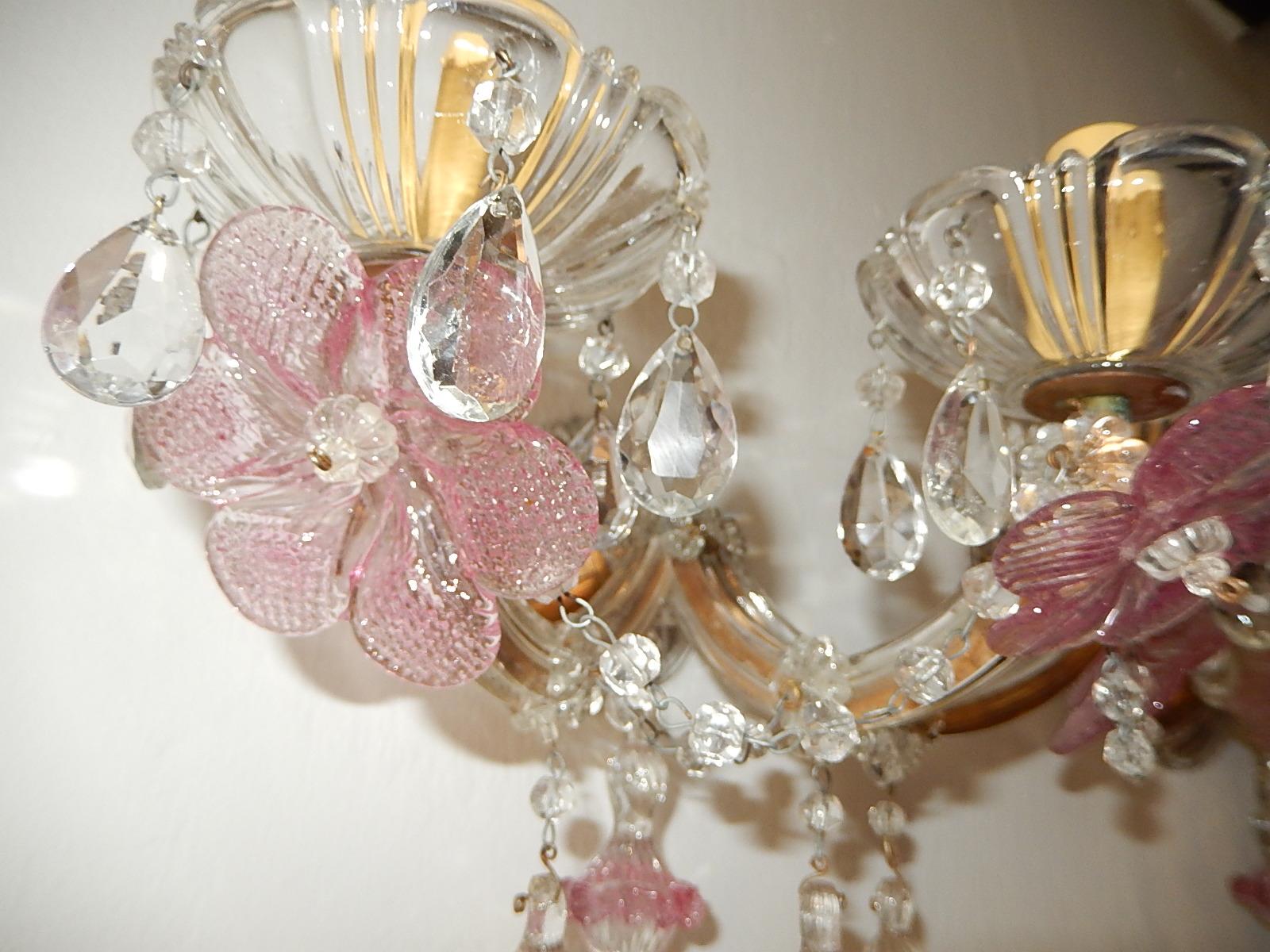 1920 French Fuchsia Murano Flowers Drops and Crystal Prisms 3 Light Sconces Pink 6