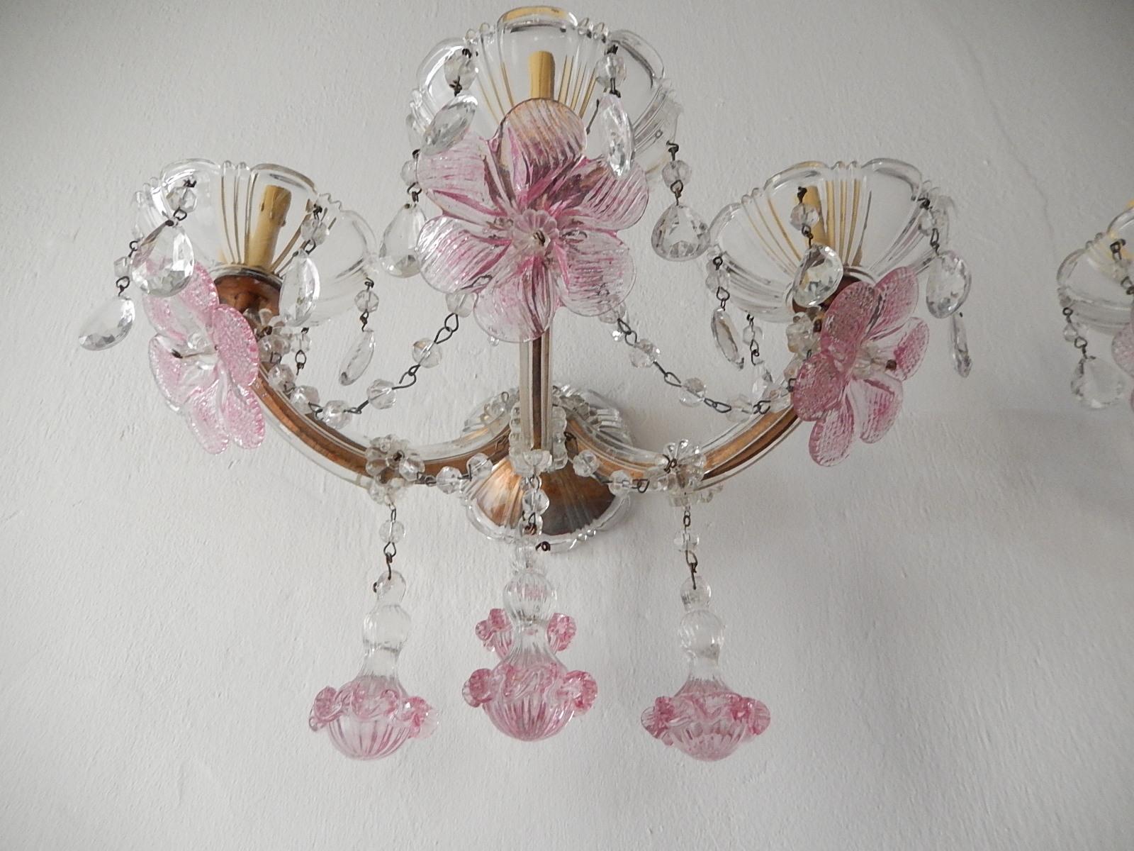 1920 French Fuchsia Murano Flowers Drops and Crystal Prisms 3 Light Sconces Pink 7
