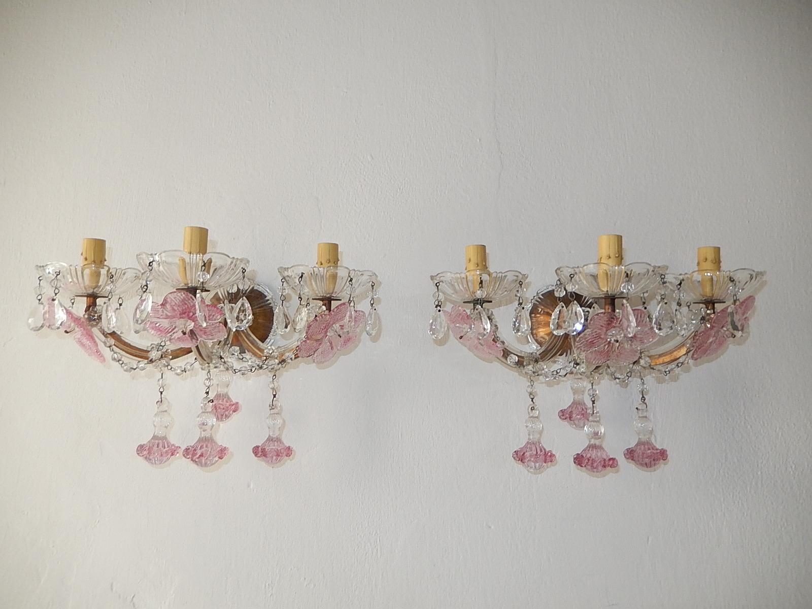 Metal 1920 French Fuchsia Murano Flowers Drops and Crystal Prisms 3 Light Sconces Pink