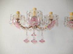 1920 French Fuchsia Murano Flowers Drops and Crystal Prisms 3 Light Sconces Pink