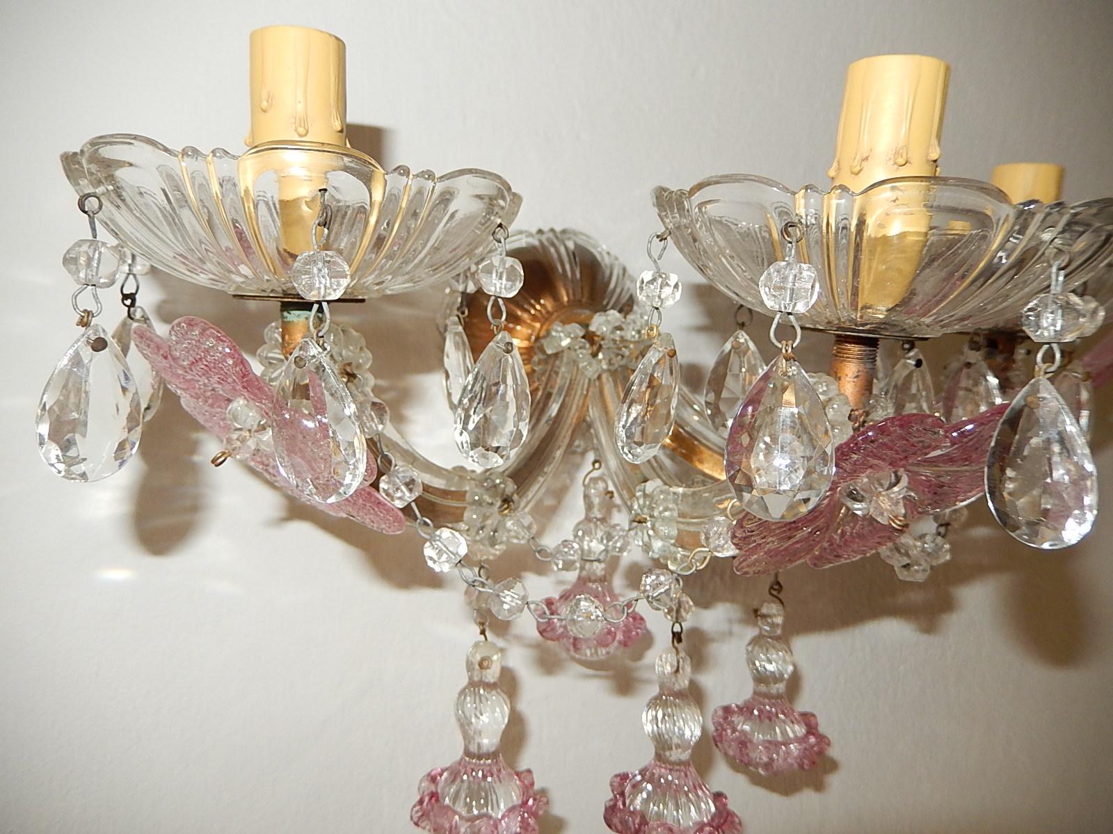 20th Century 1920 French Fuchsia Murano Flowers Drops and Crystal Prisms 3 Light Sconces Pink