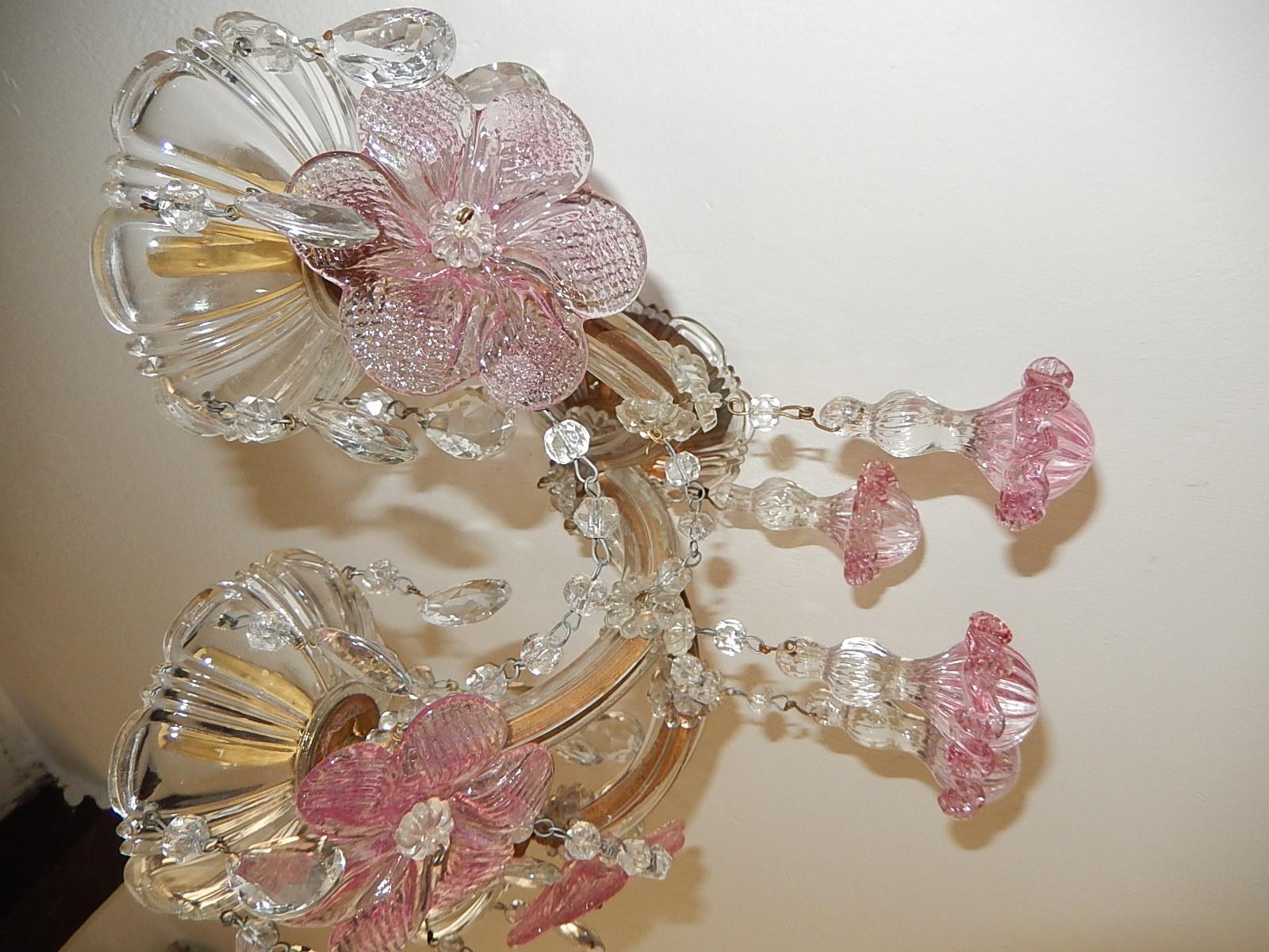 1920 French Fuchsia Murano Flowers Drops and Crystal Prisms 3 Light Sconces Pink 1