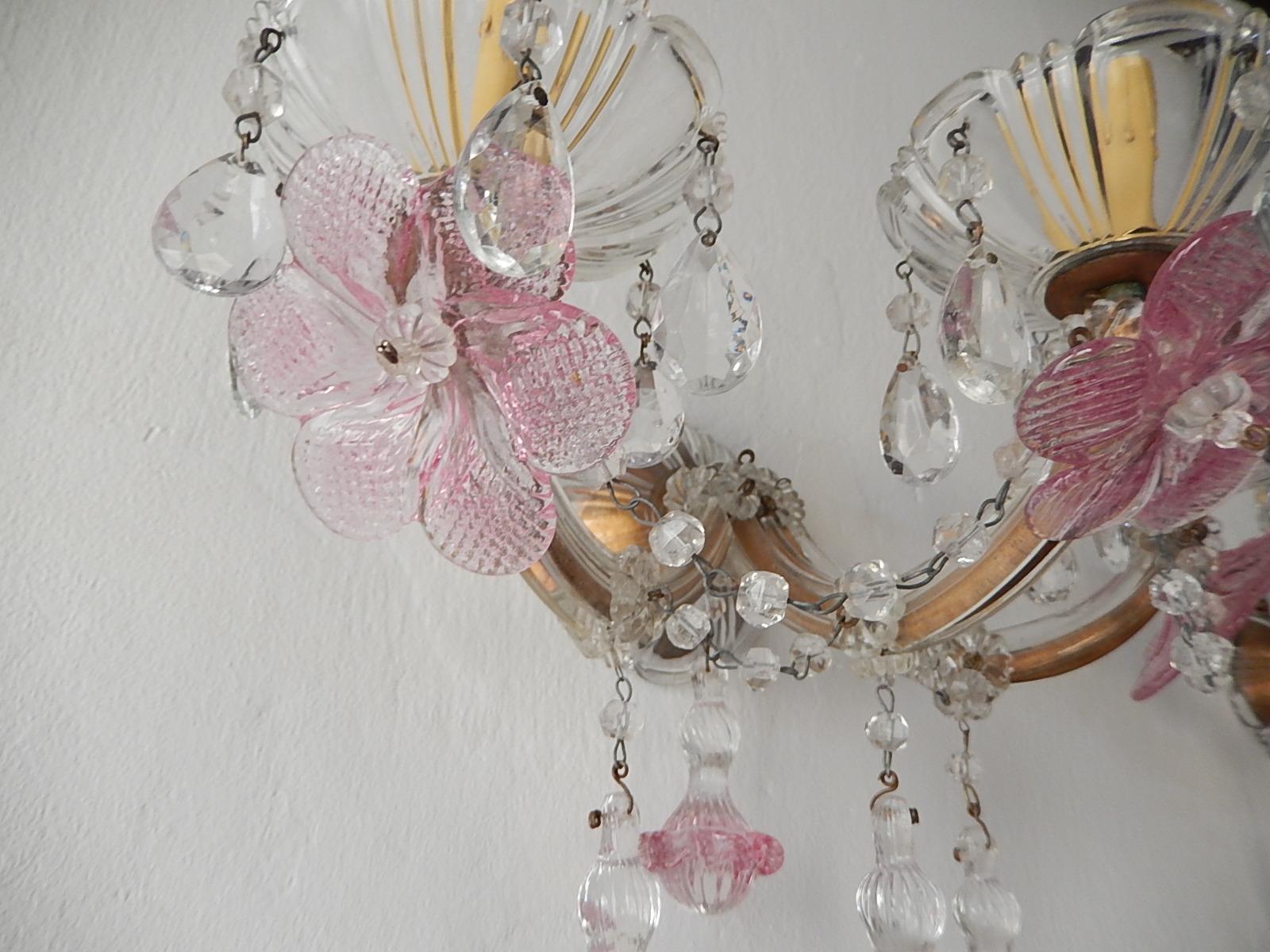 1920 French Fuchsia Murano Flowers Drops and Crystal Prisms 3 Light Sconces Pink 2