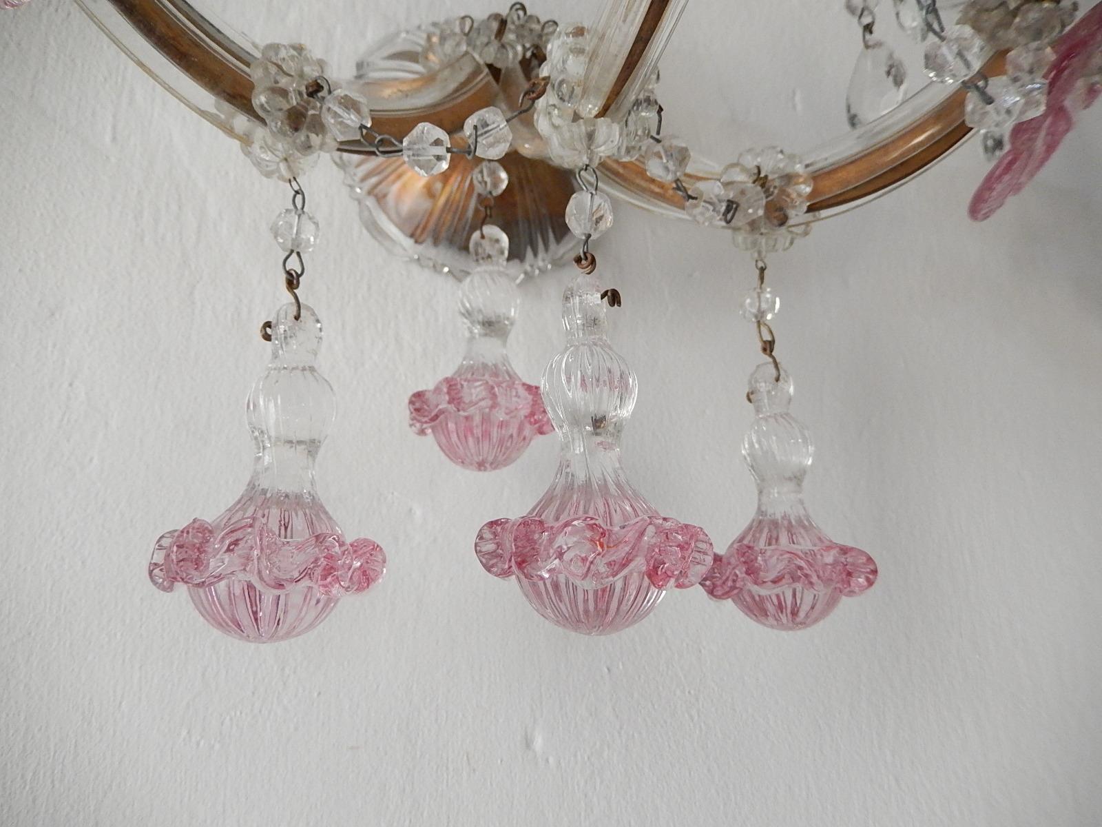 1920 French Fuchsia Murano Flowers Drops and Crystal Prisms 3 Light Sconces Pink 3