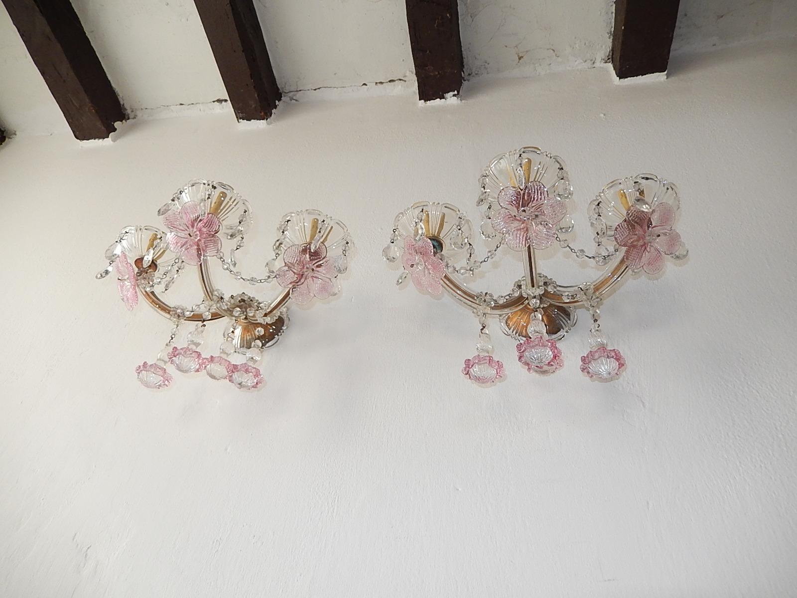 1920 French Fuchsia Murano Flowers Drops and Crystal Prisms 3 Light Sconces Pink 4