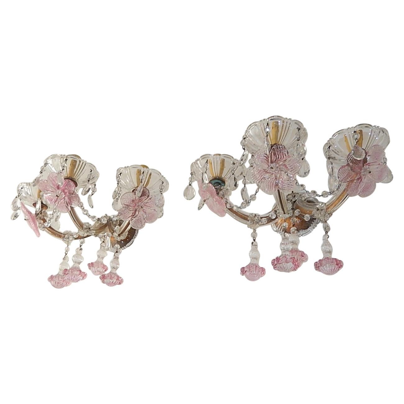 1920 French Fuchsia Murano Flowers, Drops and Crystal Prisms 3-Light Sconces