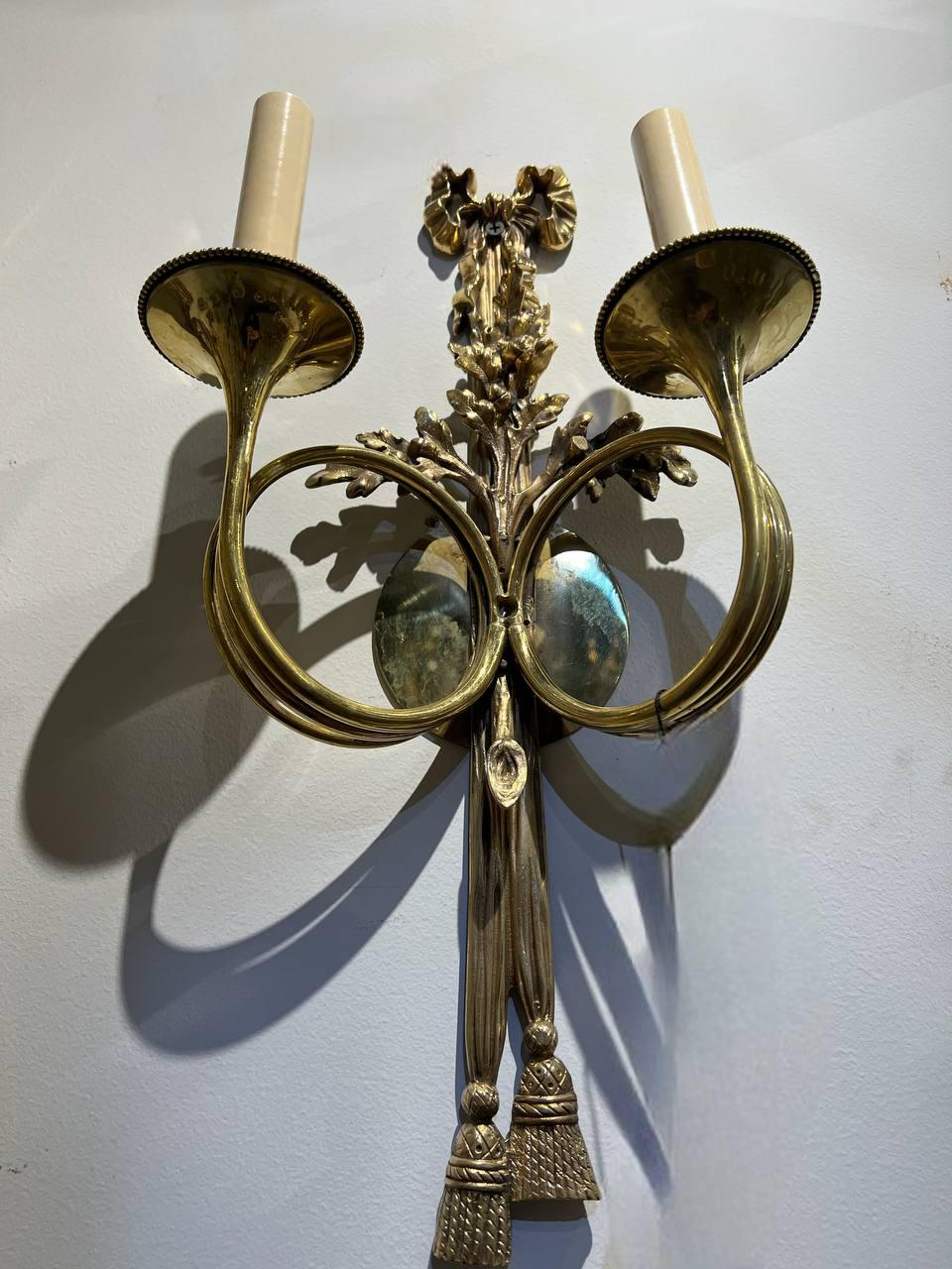 French Provincial 1920 French Gilt Bronze Ribbon Sconces  For Sale