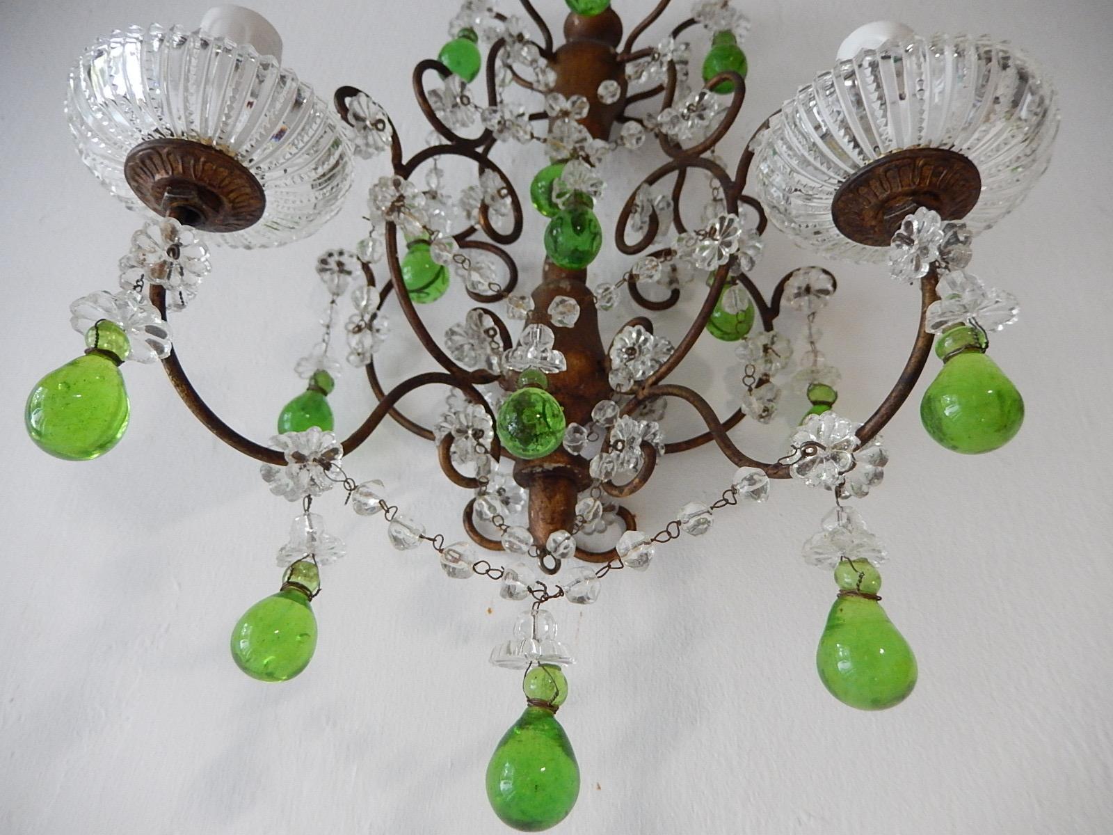 1920 French Green Murano Drops Beaded Swags Giltwood Sconces For Sale 6