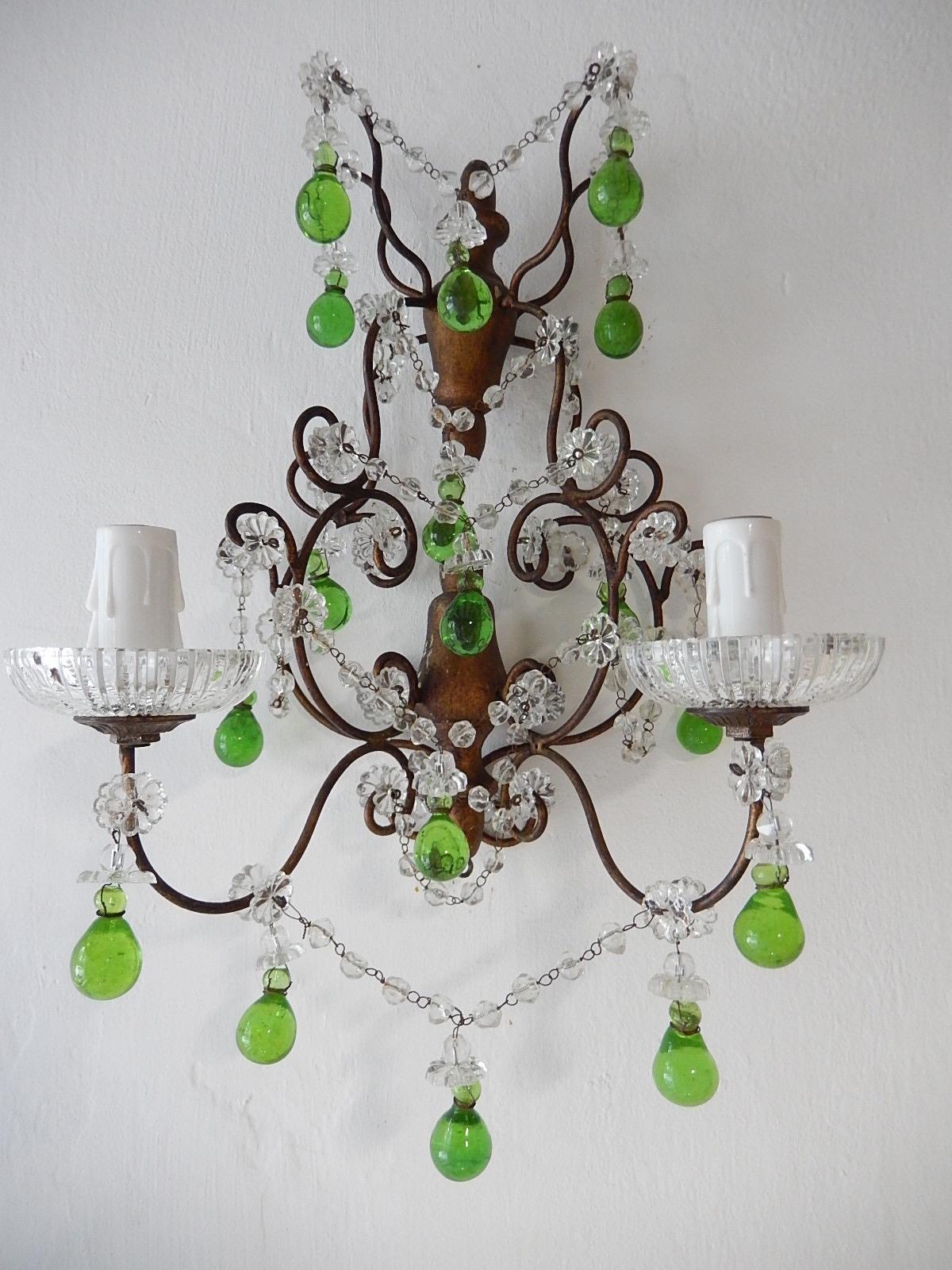 Crystal 1920 French Green Murano Drops Beaded Swags Giltwood Sconces For Sale