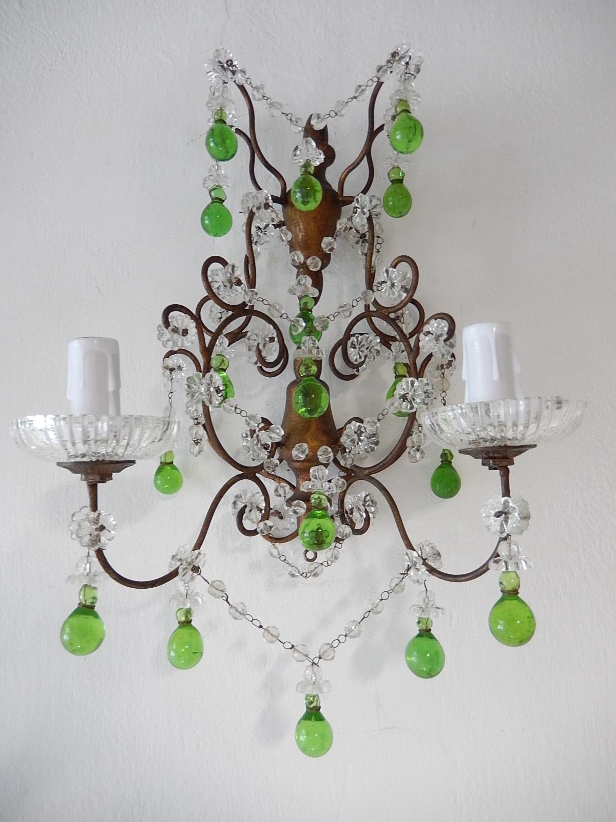 1920 French Green Murano Drops Beaded Swags Giltwood Sconces For Sale 1