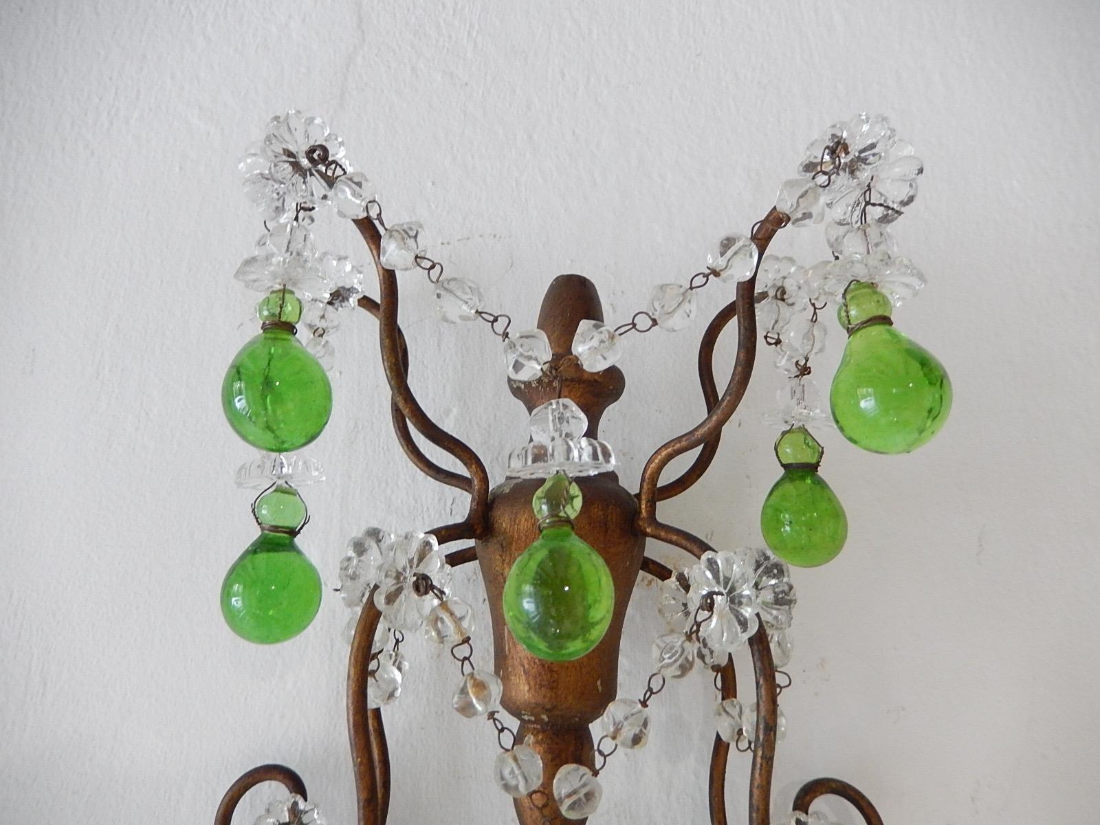 1920 French Green Murano Drops Beaded Swags Giltwood Sconces For Sale 2